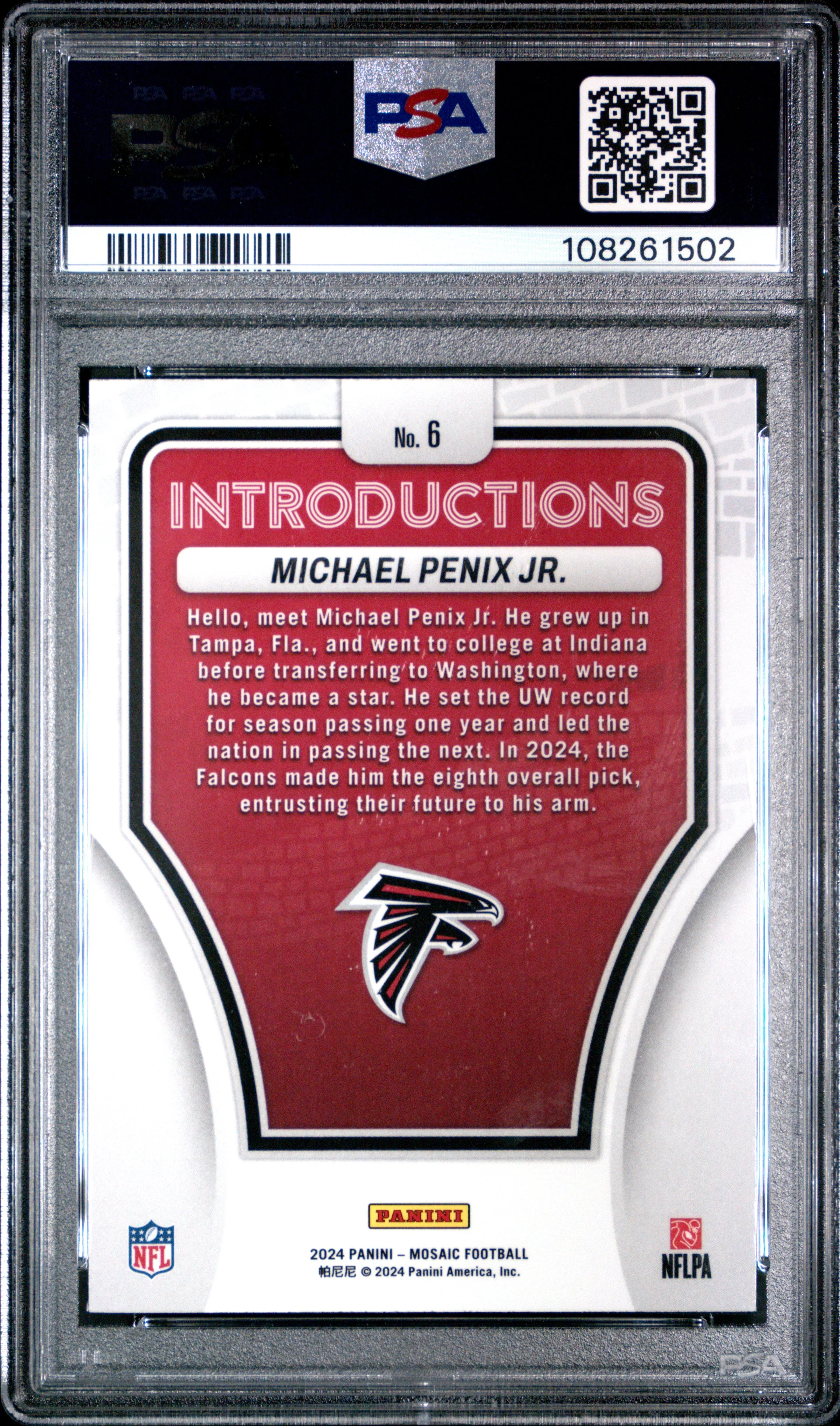 Graded 2024 Panini Mosaic Michael Penix Jr #6 Introductions Rookie RC Football Card PSA 10 Gem Mint - Image 2
