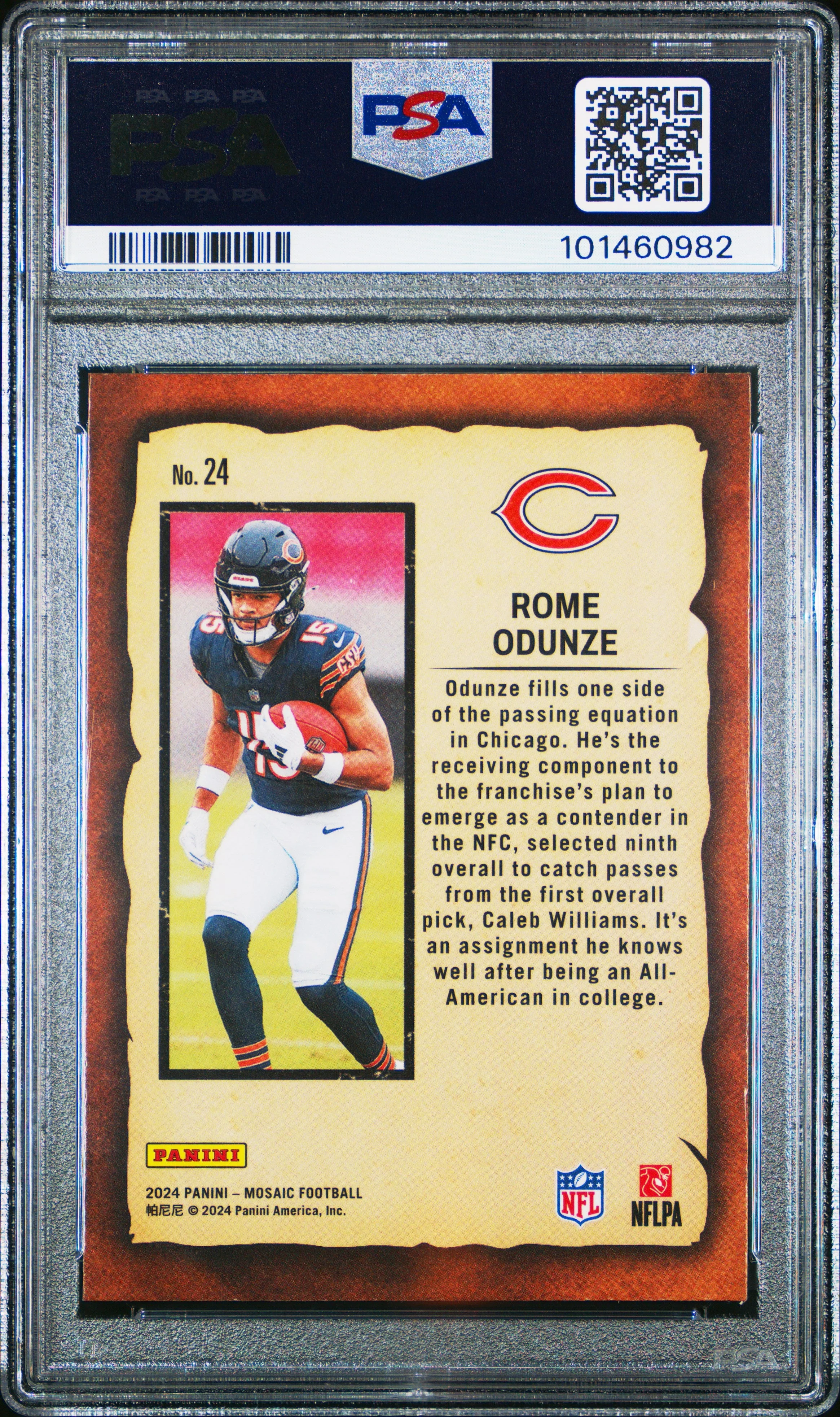 Graded 2024 Panini Mosaic Rome Odunze #24 Notoriety Rookie RC Football Card PSA 10 Gem Mint - Image 2