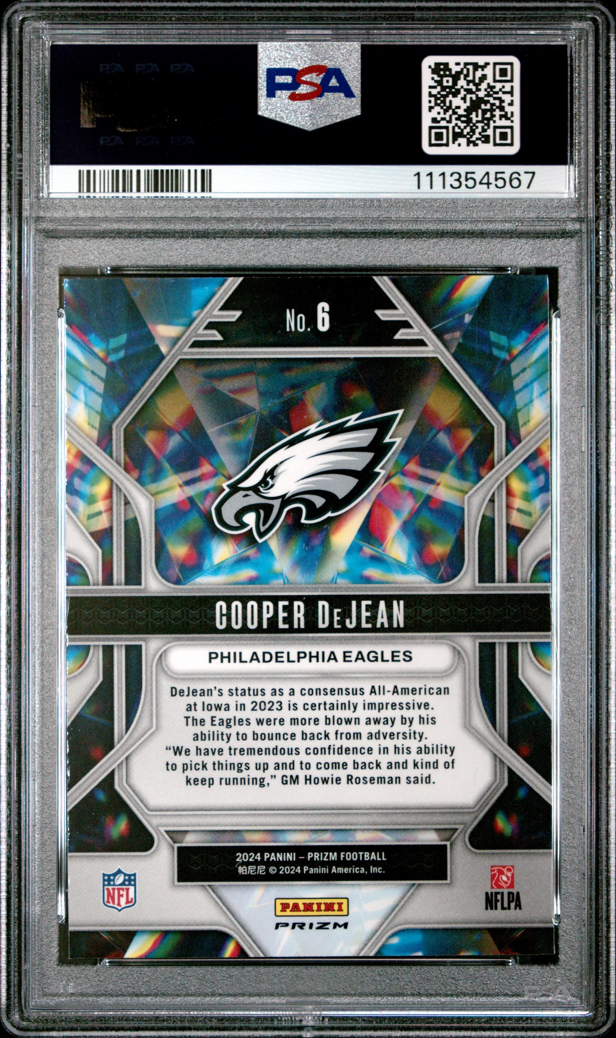 Graded 2024 Panini Prizm Cooper DeJean #6 Prizmatic Green Ice Rookie RC Football Card PSA 10 Gem Mint - Image 2