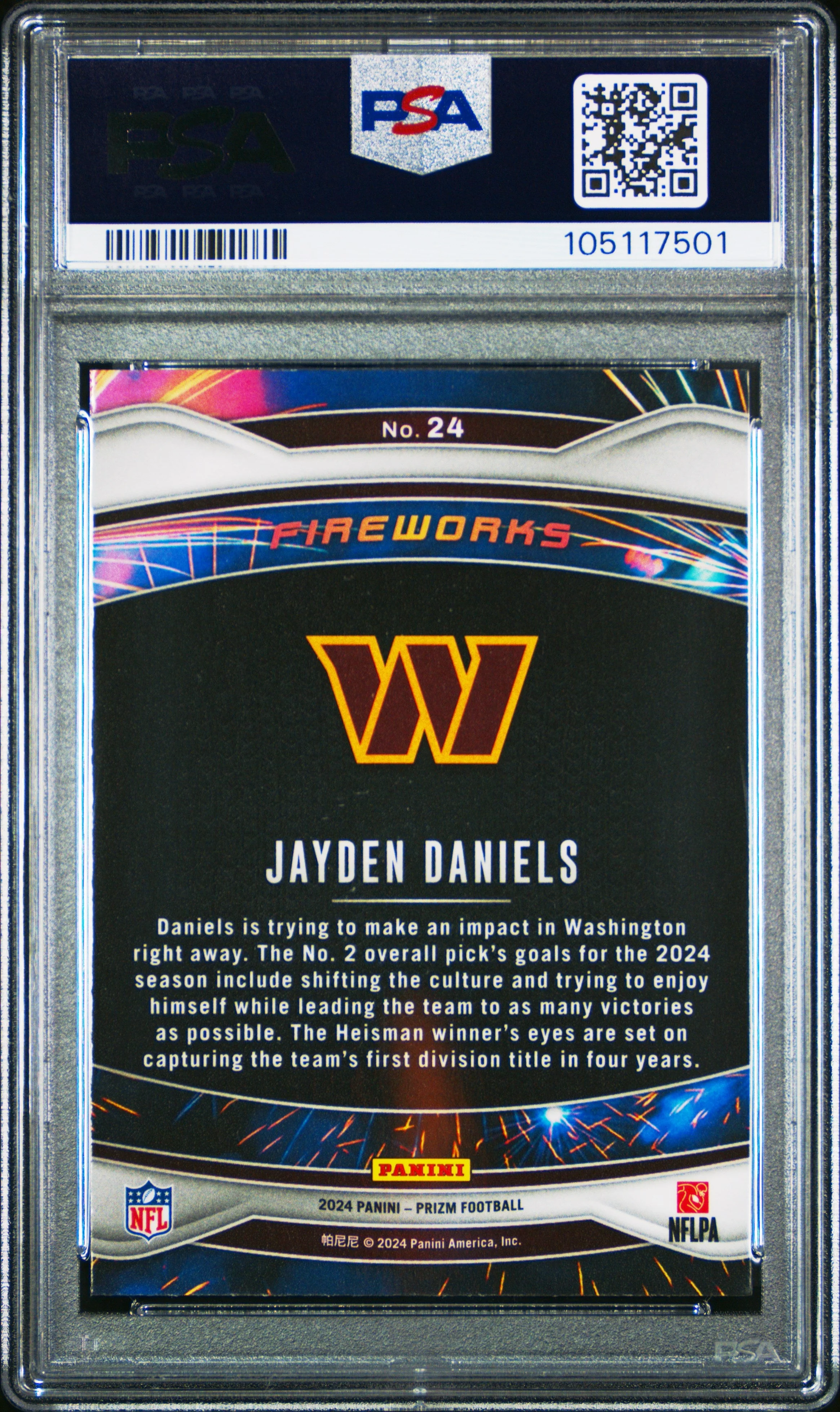 Graded 2024 Panini Prizm Jayden Daniels #24 Fireworks Rookie RC Football Card PSA 10 Gem Mint - Image 2