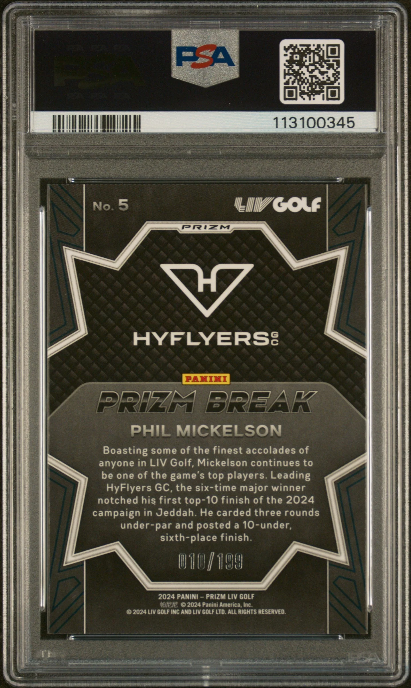 Graded 2024 Panini Prizm LIV Golf Phil Mickelson #5 Prizm Break Teal Prizm /199 Rookie RC Card PSA 10 Gem Mint - Image 2