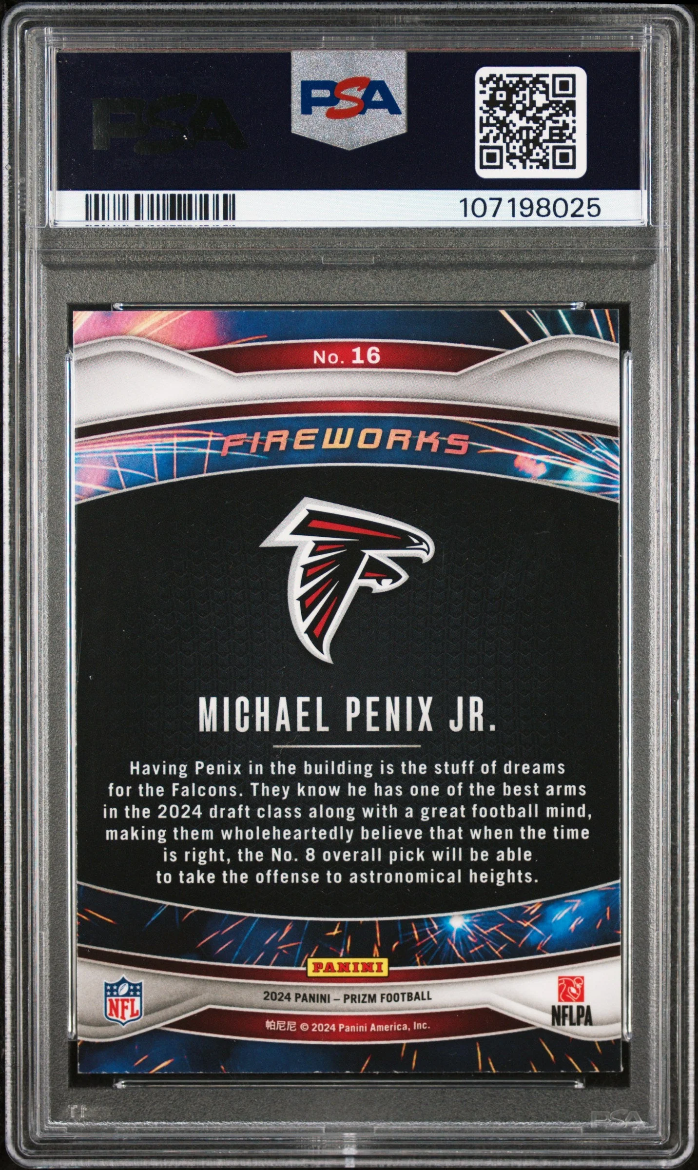 Graded 2024 Panini Prizm Michael Penix Jr #16 Fireworks Rookie RC Football Card PSA 10 Gem Mint - Image 2