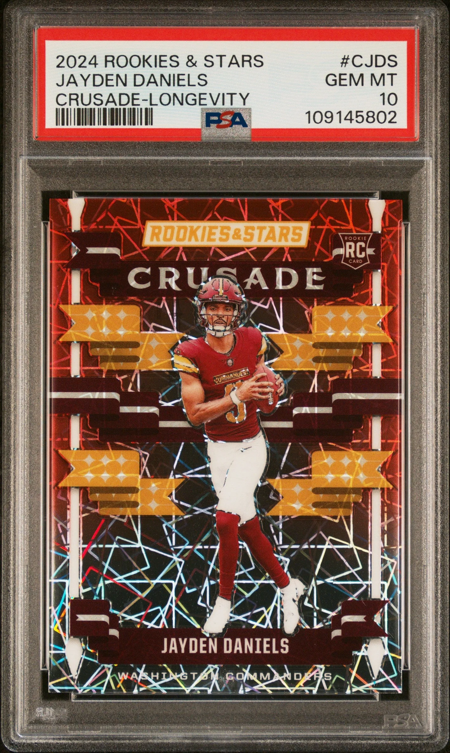 Graded 2024 Panini Rookies & Stars Jayden Daniels #CJDS Crusade Longevity Rookie RC Football Card PSA 10 Gem Mint
