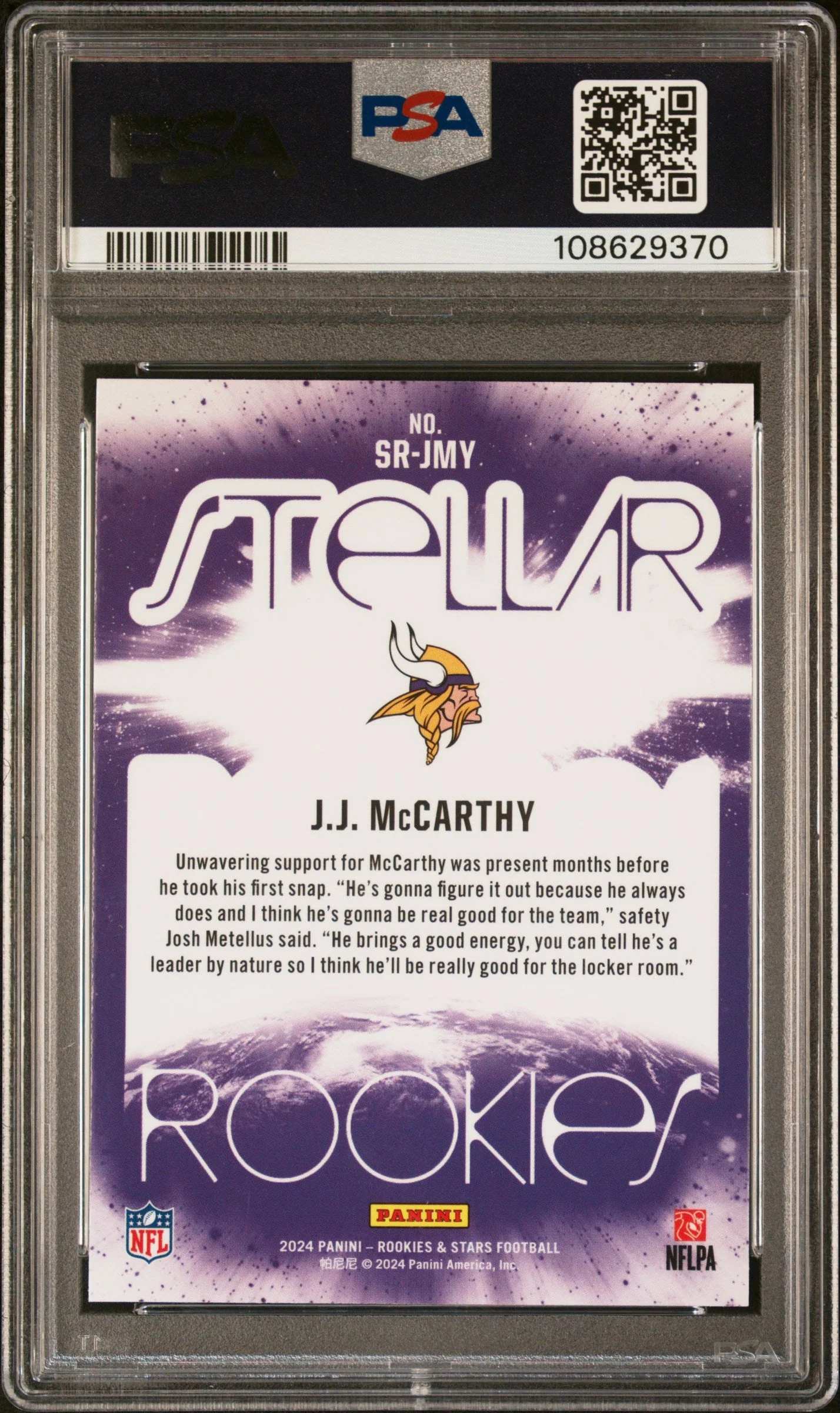 Graded 2024 Panini Rookies & Stars JJ McCarthy #SRJMY Stellar Rookies Rookie RC Football Card PSA 10 Gem Mint - Image 2