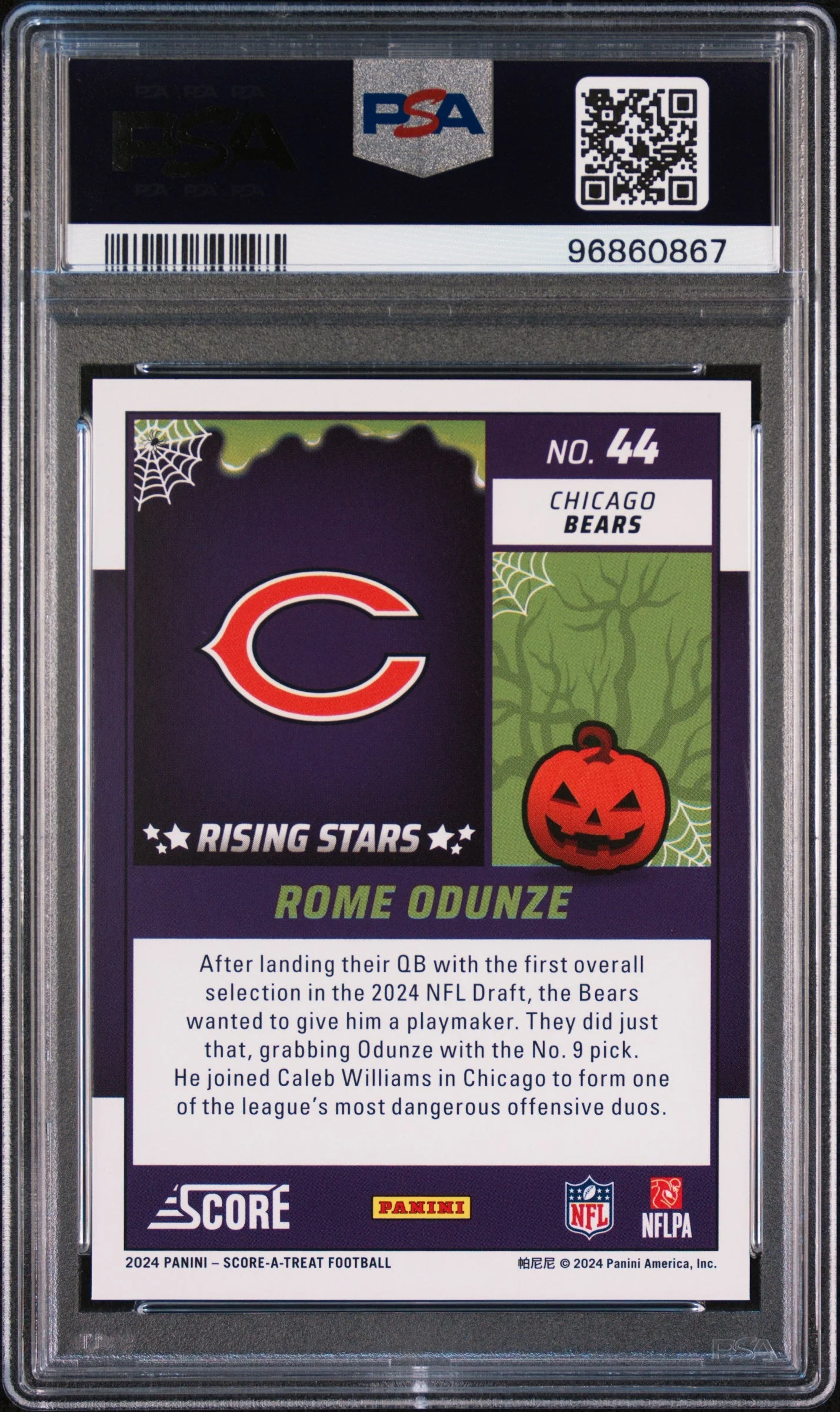 Graded 2024 Panini Score-A-Treat Rome Odunze #44 Rising Stars Bats Rookie RC Football Card PSA 10 Gem Mint - Image 2