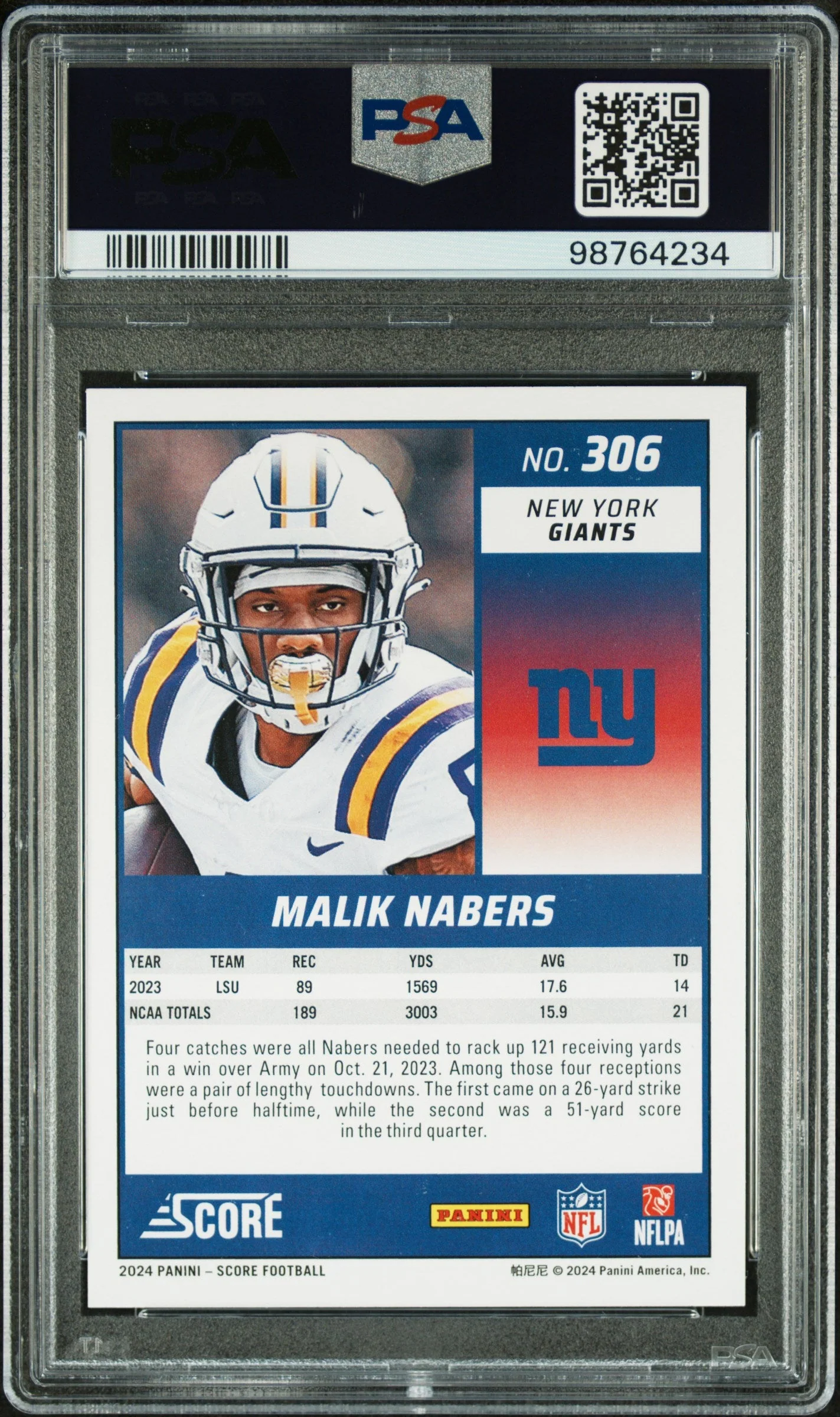 Graded 2024 Panini Score Malik Nabers #306 Scorecard Rookie RC Football Card PSA 10 Gem Mint - Image 2