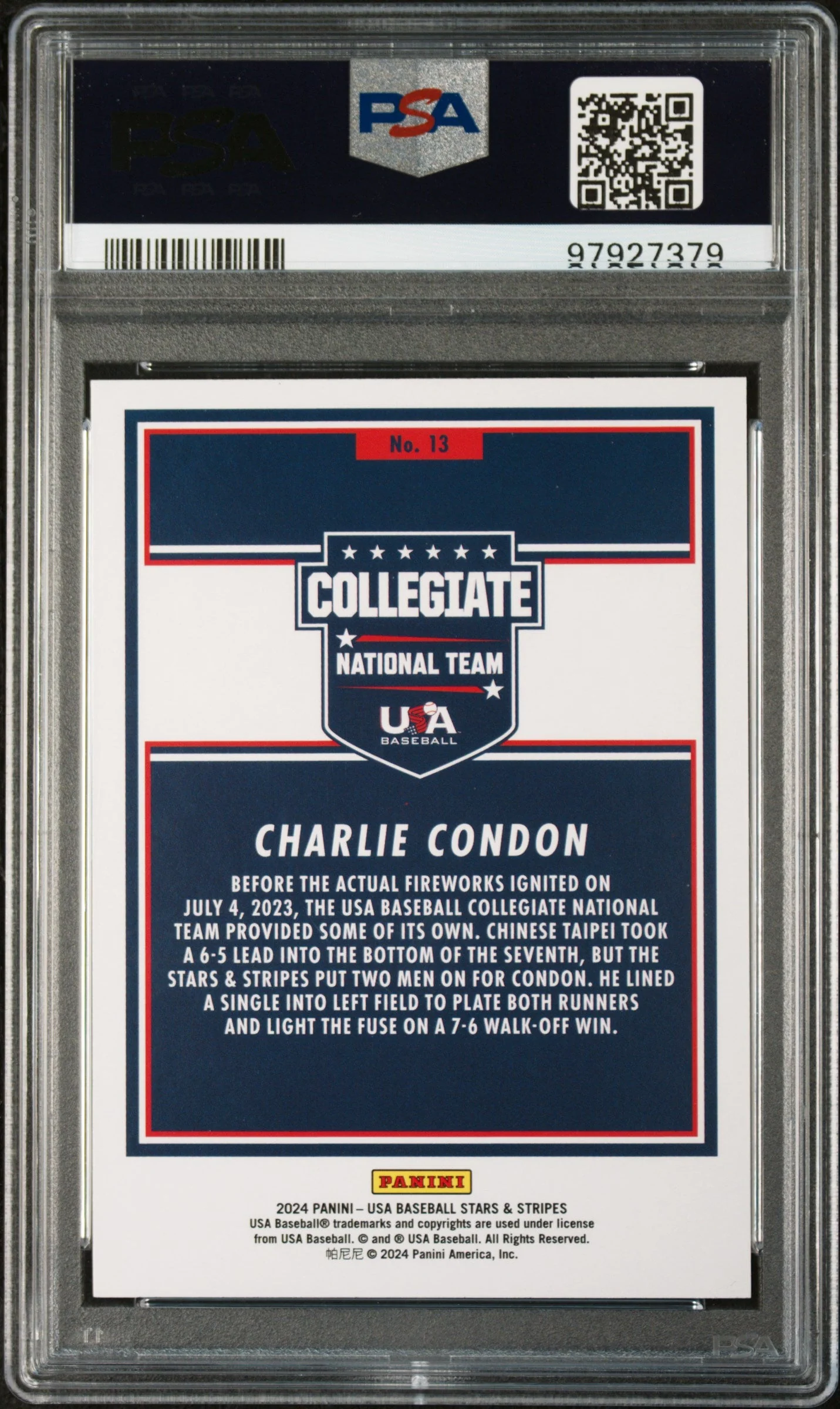 Graded 2024 Panini Stars & Stripes USA Charlie Condon #13 Opening Day Rookie RC Baseball Card PSA 10 Gem Mint - Image 2