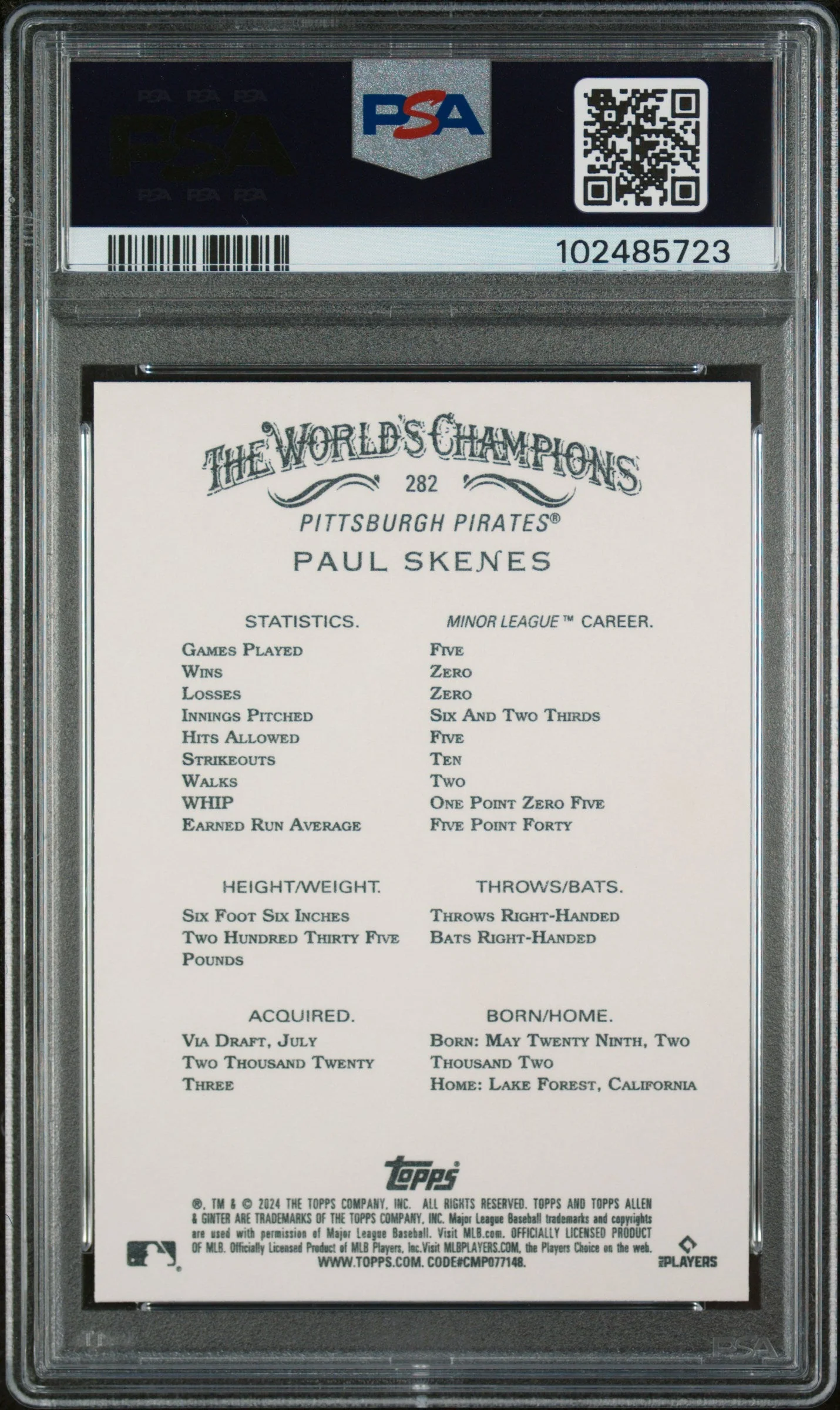 Graded 2024 Topps Allen & Ginter Paul Skenes #282 Rookie RC Baseball Card PSA 10 Gem Mint - Image 2