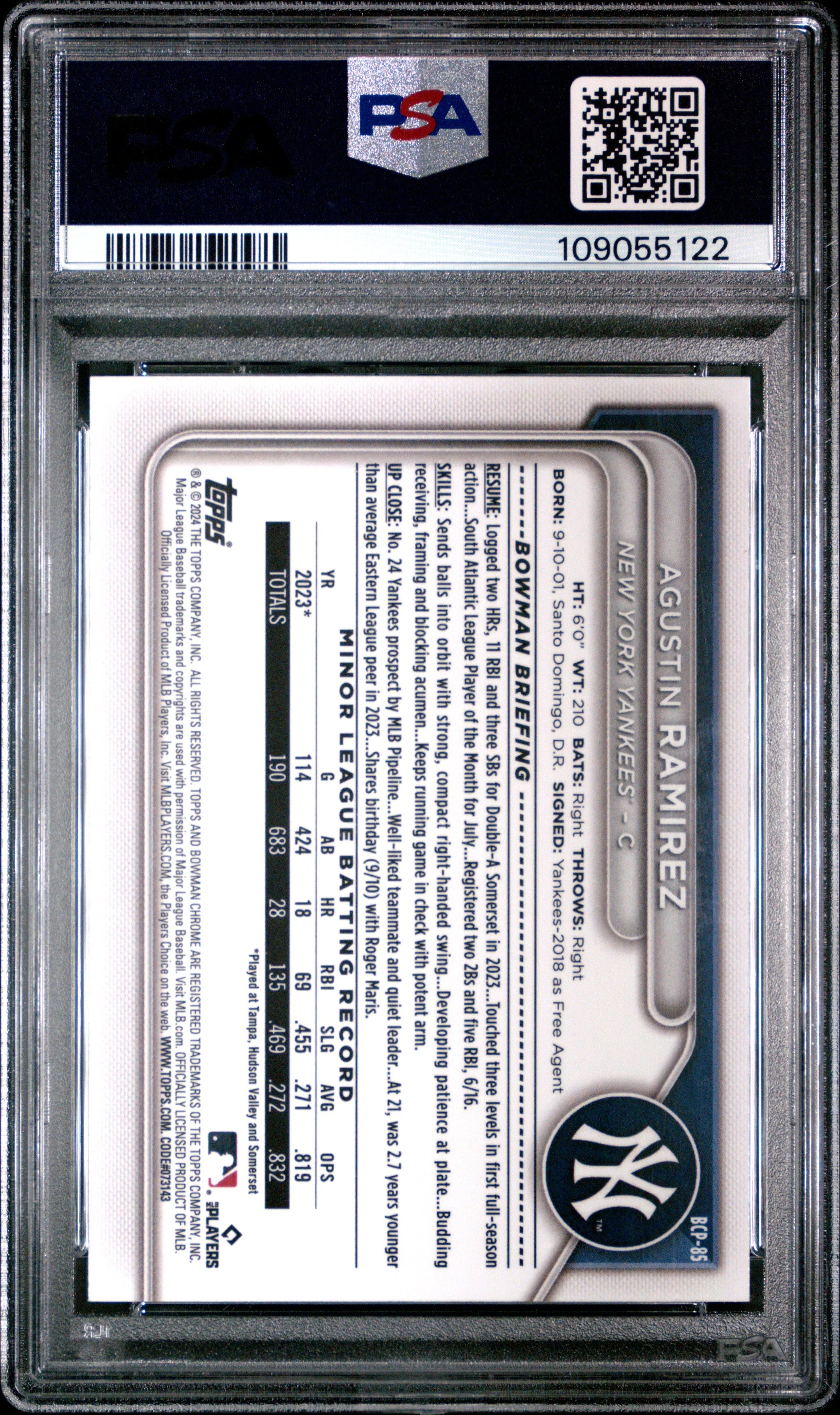 Graded 2024 Topps Bowman Agustin Ramirez #BCP85 Chrome Prospects Rookie RC Baseball Card PSA 10 Gem Mint - Image 2