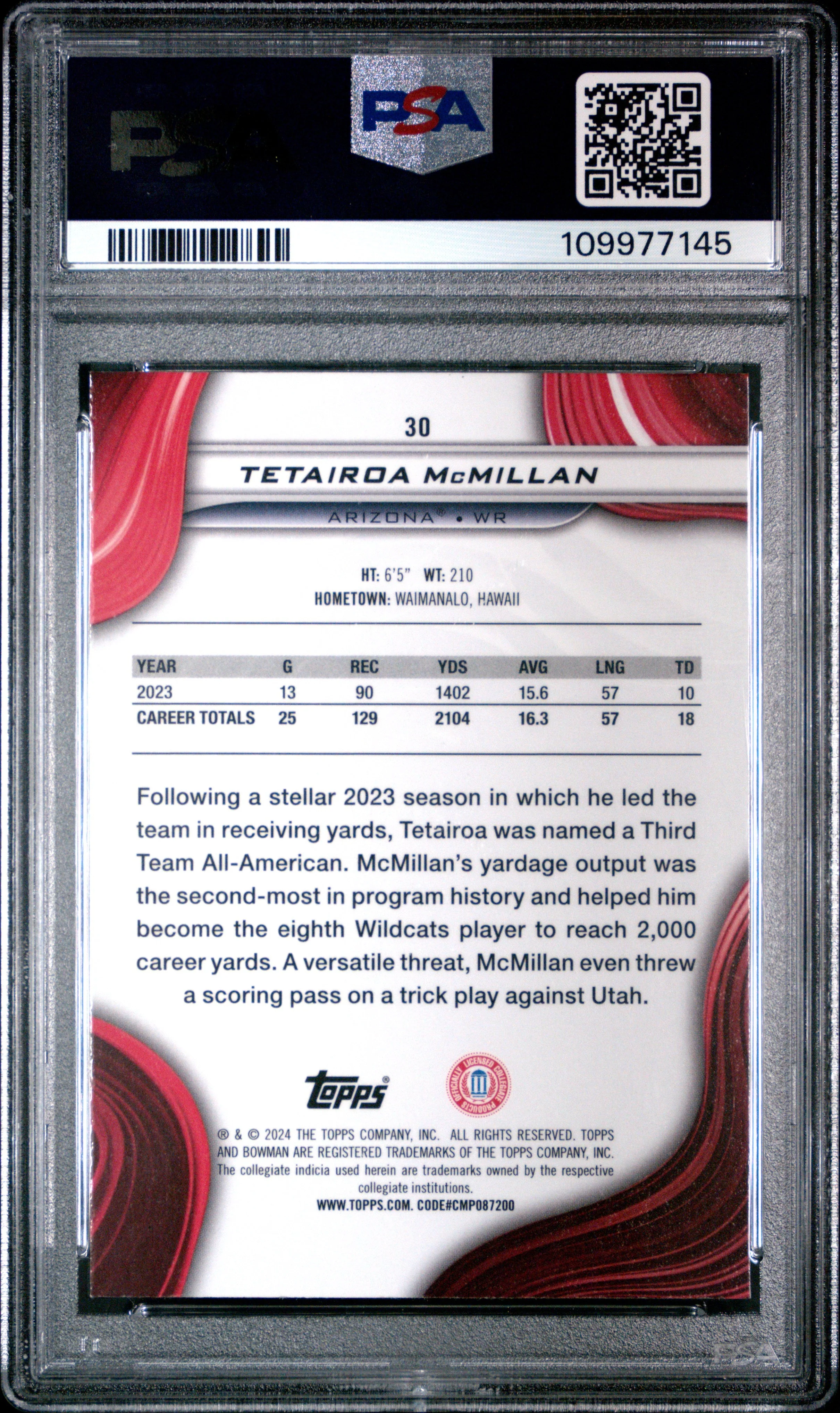 Graded 2024 Topps Bowman Best University Tetairoa McMillan #30 Rookie RC Football Card PSA 10 Gem Mint - Image 2