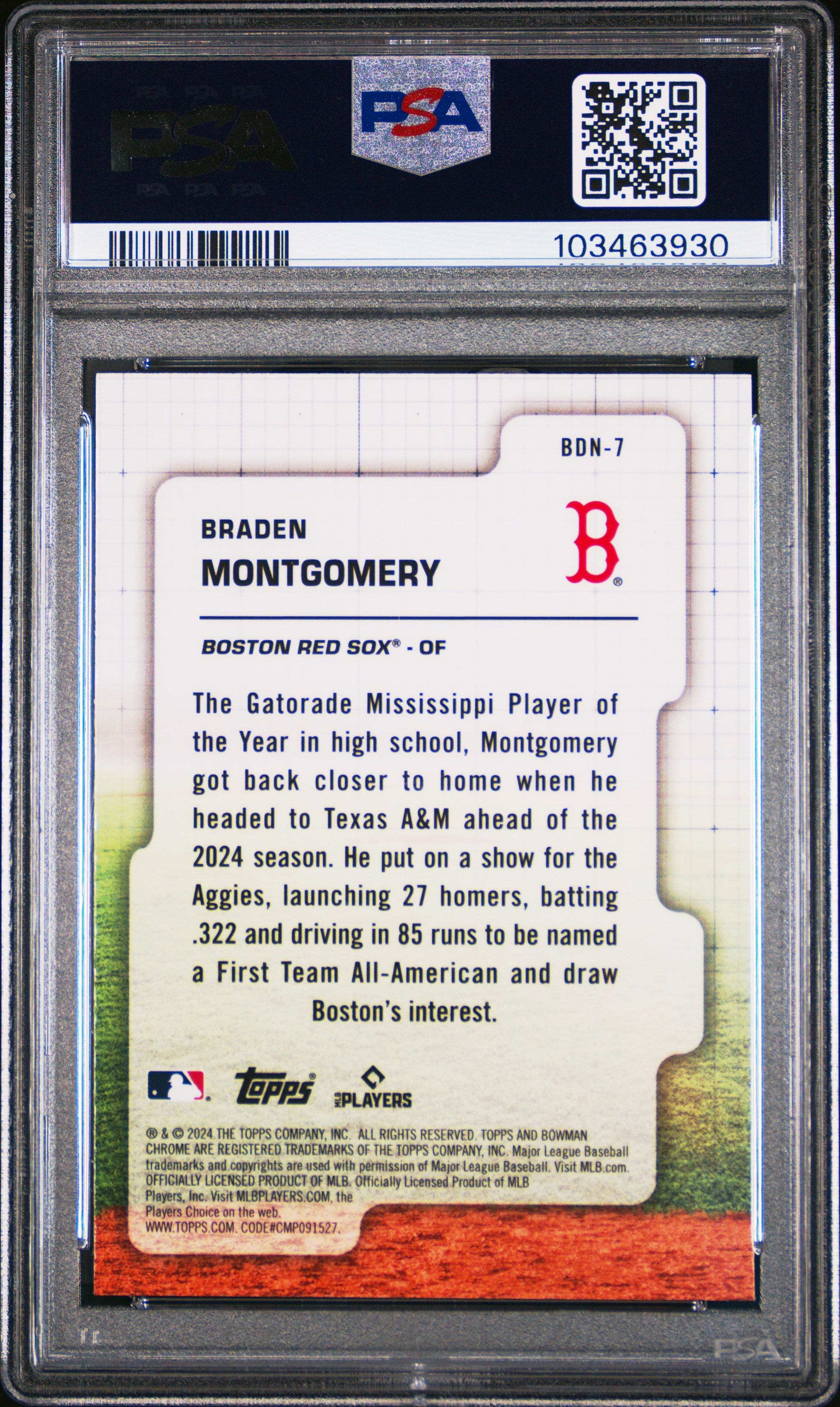 Graded 2024 Topps Bowman Draft Braden Montgomery #BDN7 Draft Night Rookie RC Baseball Card PSA 10 Gem Mint - Image 2