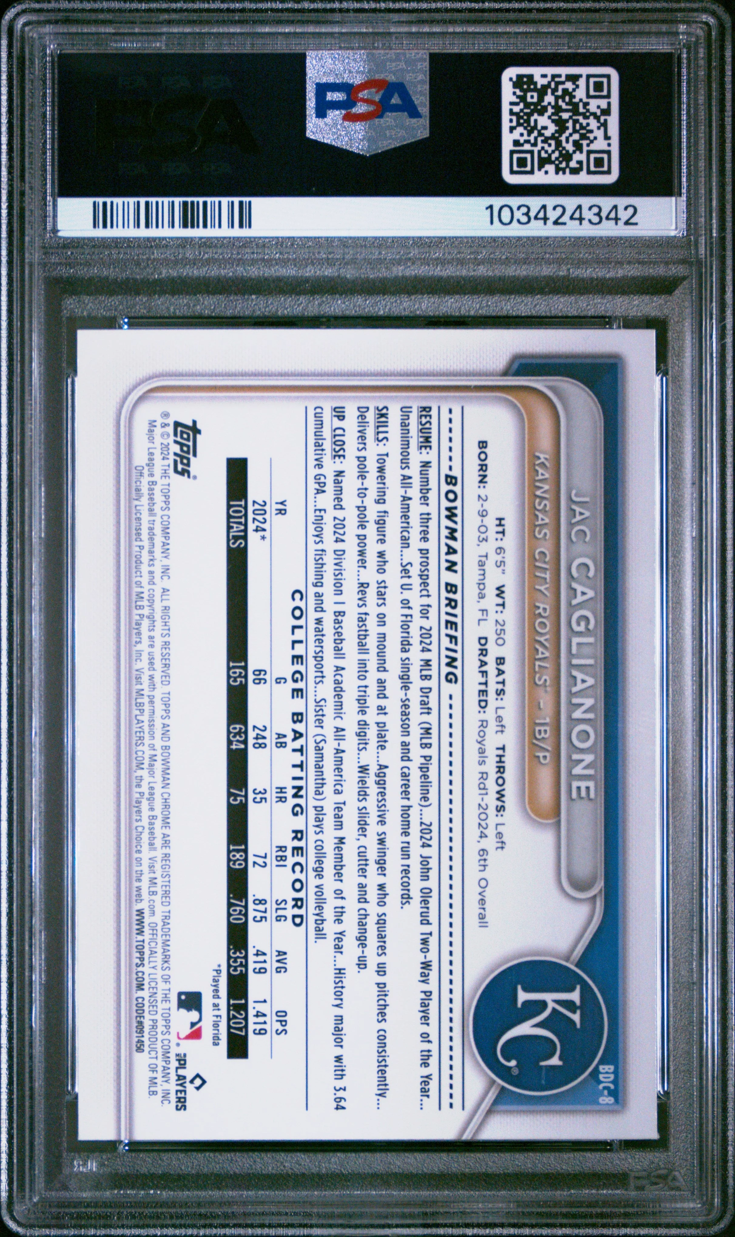 Graded 2024 Topps Bowman Draft Jac Caglianone #BDC8 Chrome Rookie RC Baseball Card PSA 10 Gem Mint - Image 2