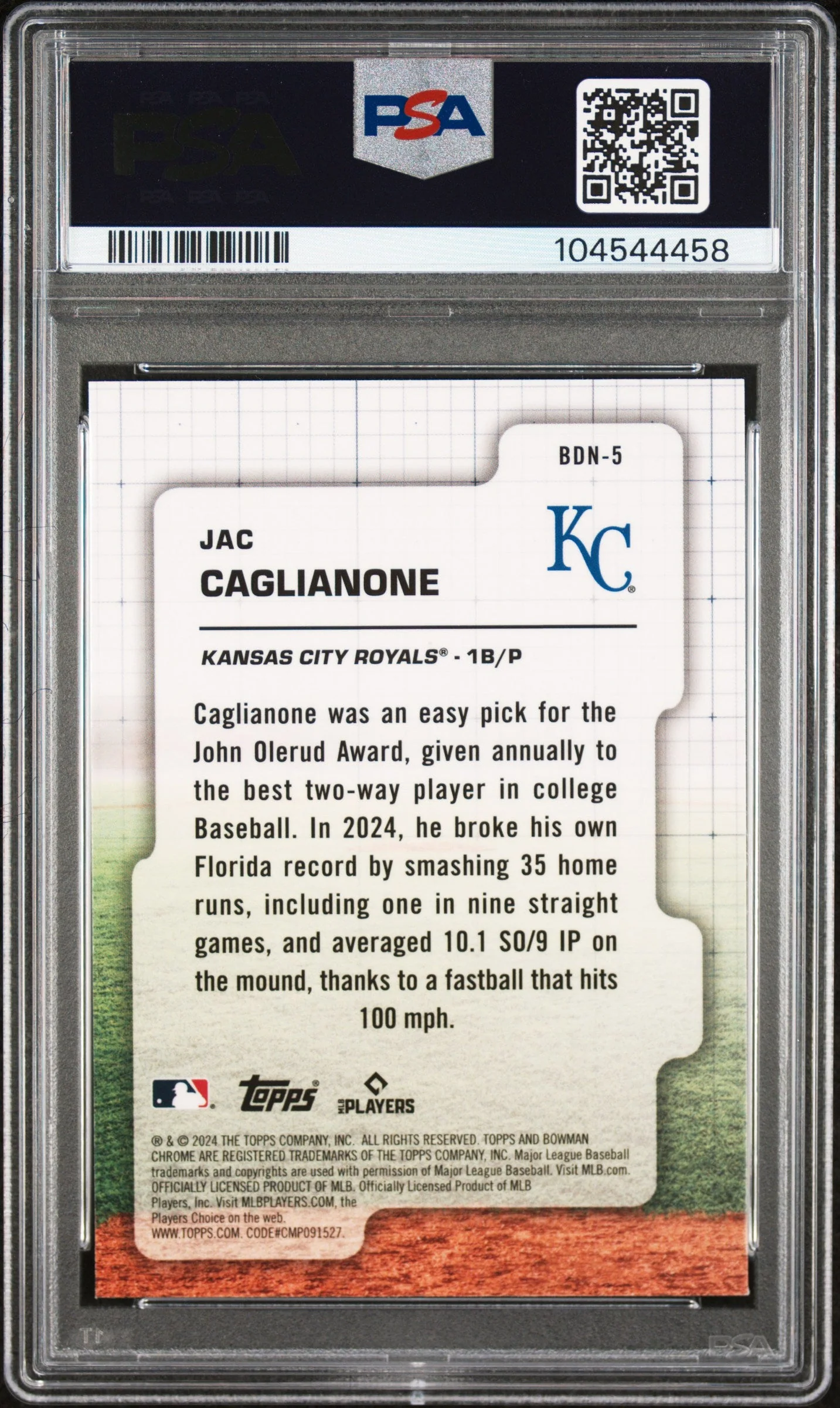 Graded 2024 Topps Bowman Draft Jac Caglianone #BDN5 Draft Night Rookie RC Baseball Card PSA 9 Mint - Image 2