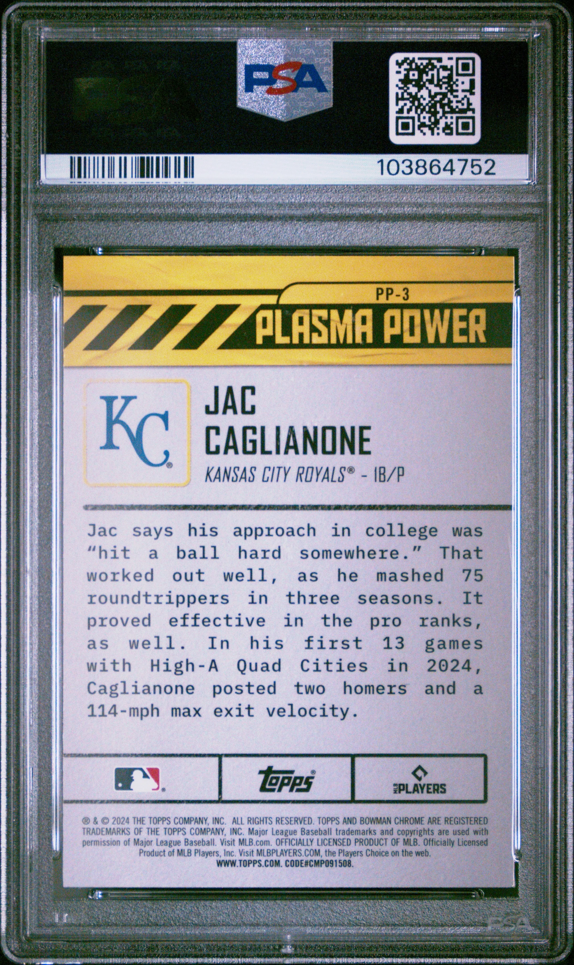 Graded 2024 Topps Bowman Draft Jac Caglianone #PP3 Plasma Power Rookie RC Baseball Card PSA 10 Gem Mint - Image 2