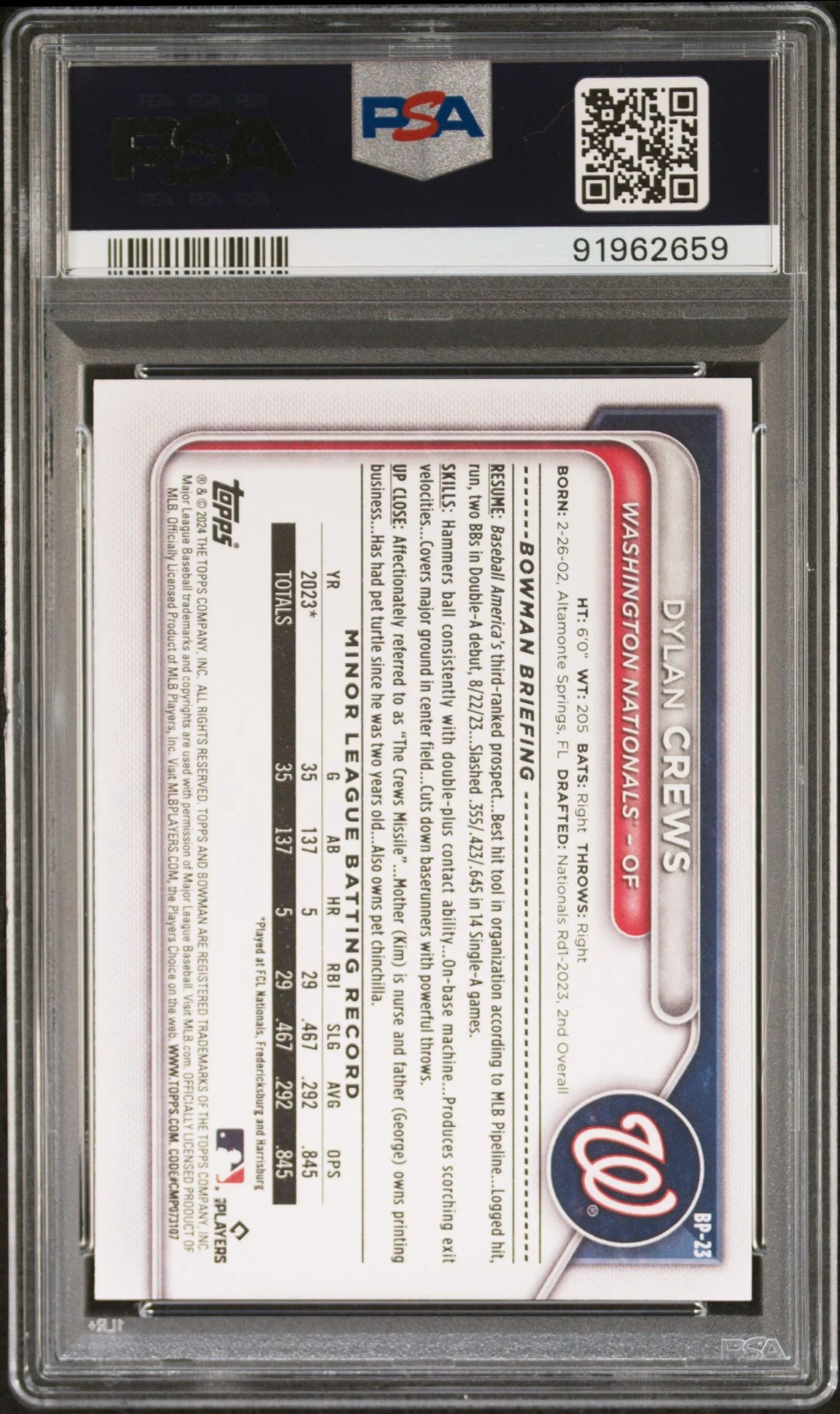 Graded 2024 Topps Bowman Dylan Crews #BP23 Paper Prospects Rookie RC Baseball Card PSA 10 Gem Mint - Image 2
