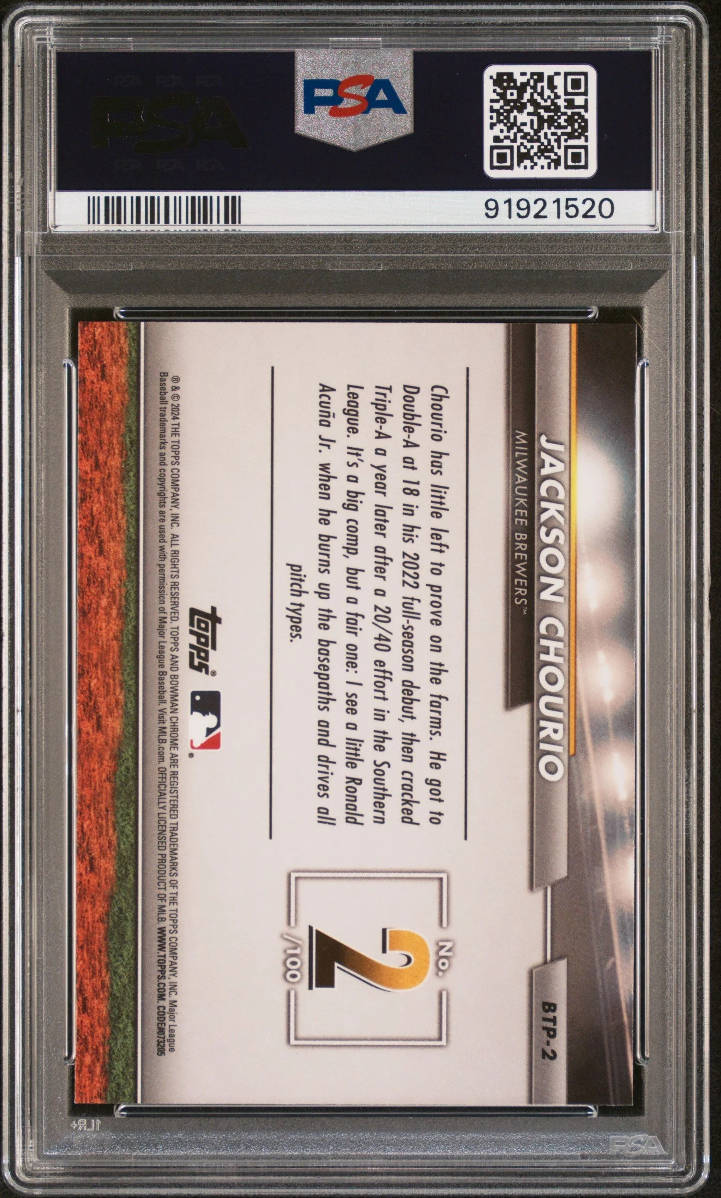 Graded 2024 Topps Bowman Jackson Chourio #BTP2 Scouts Top 100 Rookie RC Baseball Card PSA 10 Gem Mint - Image 2