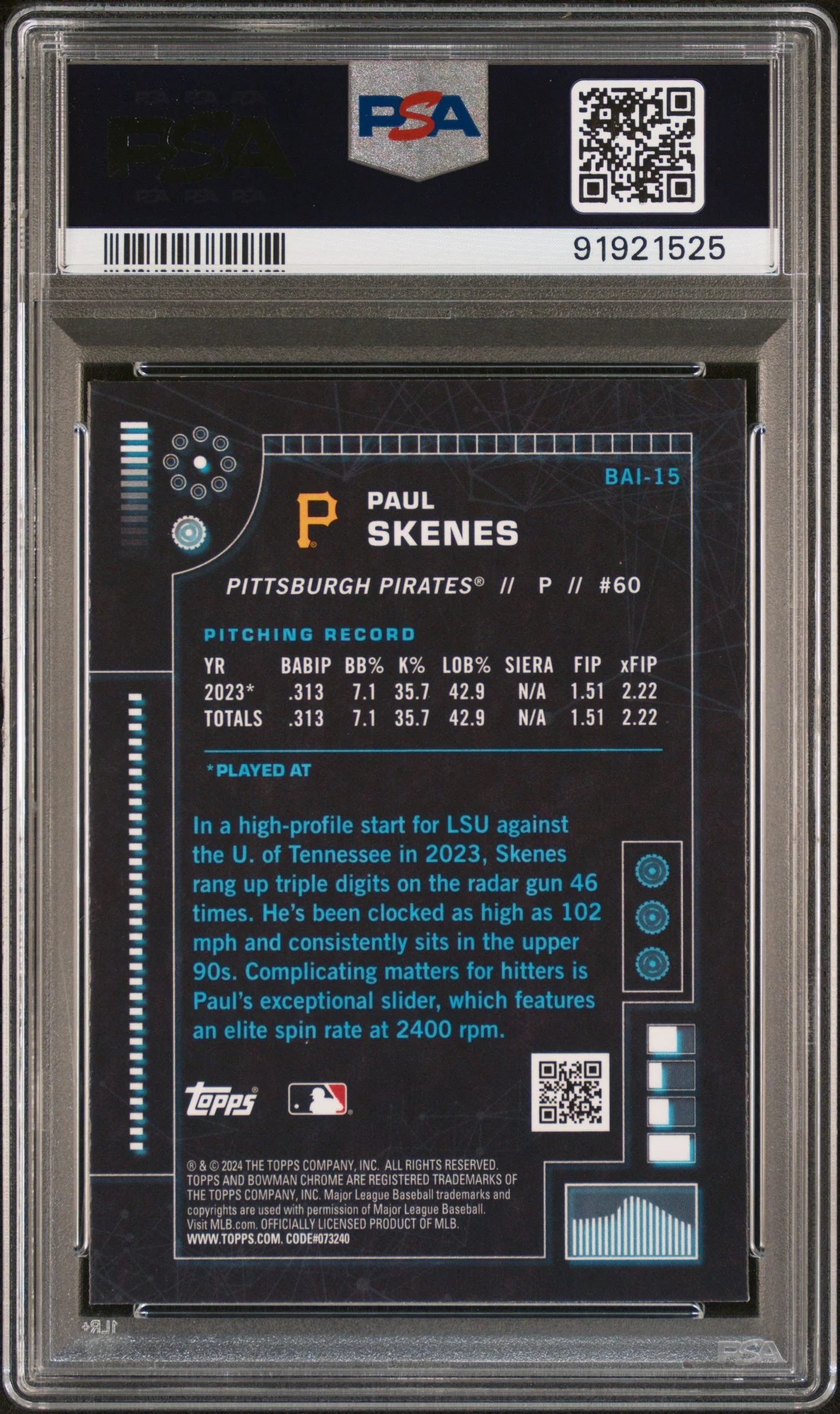 Graded 2024 Topps Bowman Paul Skenes #BAI15 AI Rookie RC Baseball Card PSA 10 Gem Mint - Image 2