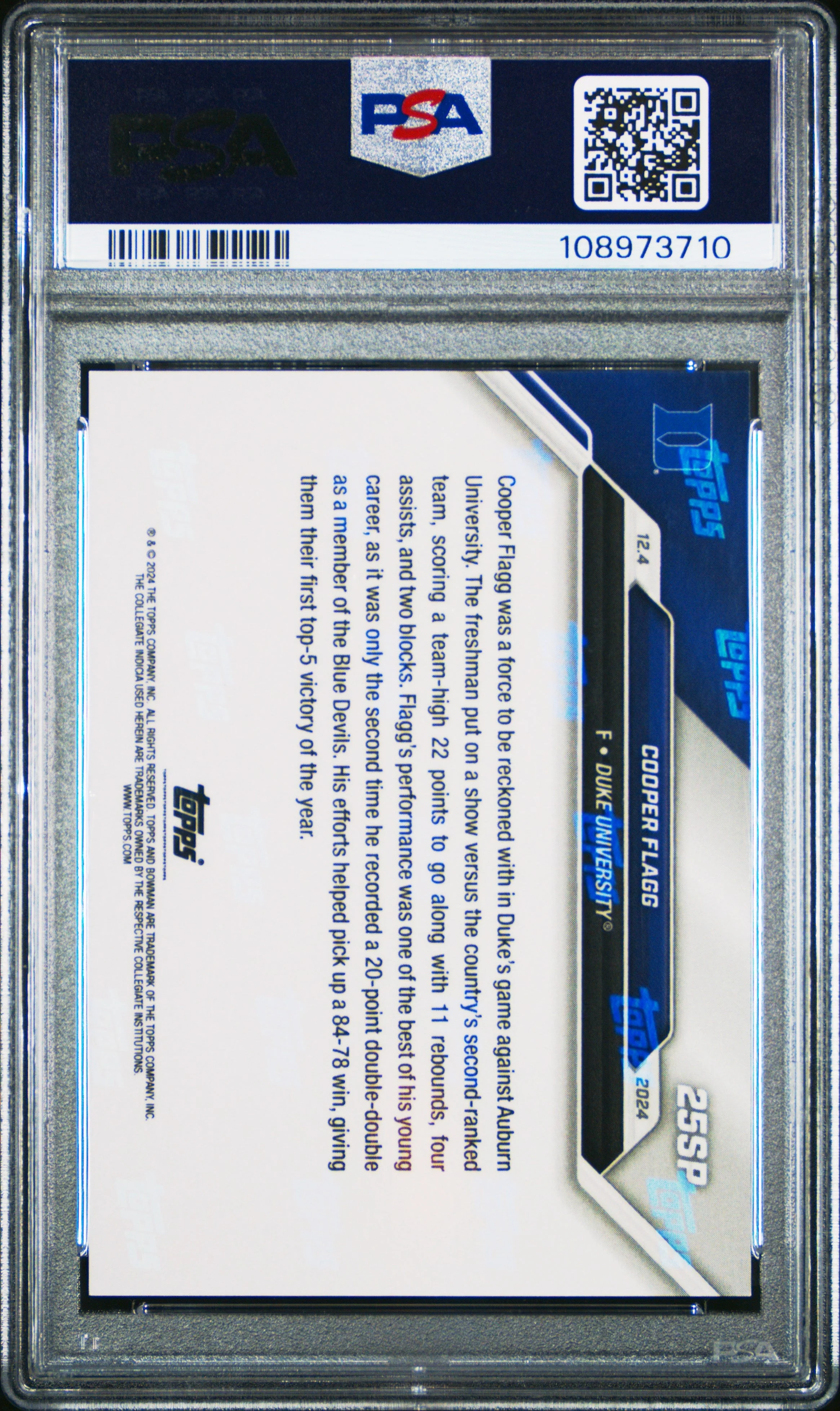 Graded 2024 Topps Bowman U Now Cooper Flagg #25SP Rookie RC Basketball Card PSA 10 Gem Mint - Image 2