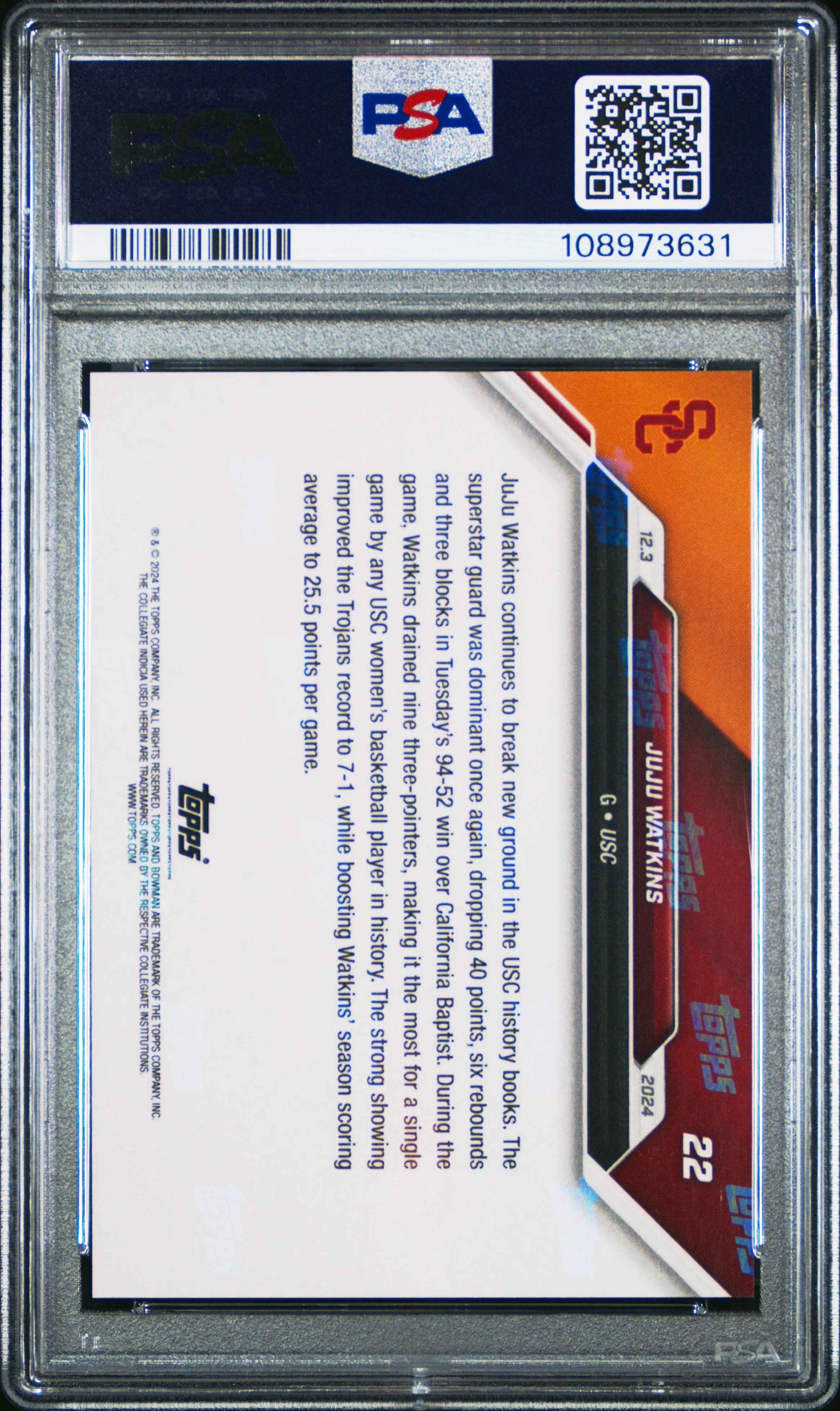 Graded 2024 Topps Bowman U Now JuJu Watkins #22 Rookie RC Basketball Card PSA 10 Gem Mint - Image 2