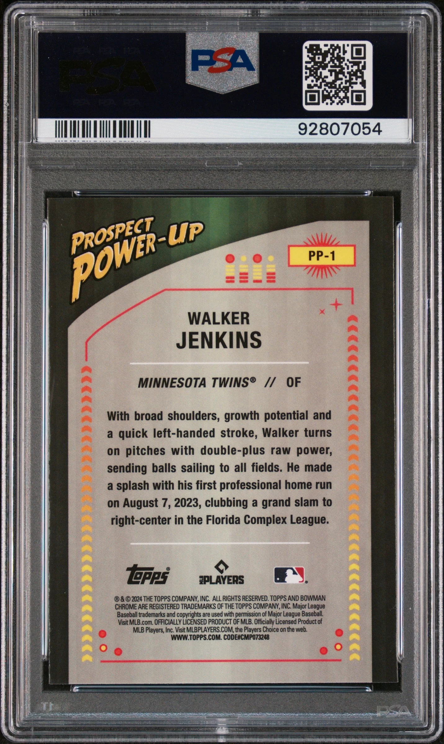 Graded 2024 Topps Bowman Walker Jenkins #PP1 Prospect Power Up Rookie RC Baseball Card PSA 10 Gem Mint - Image 2