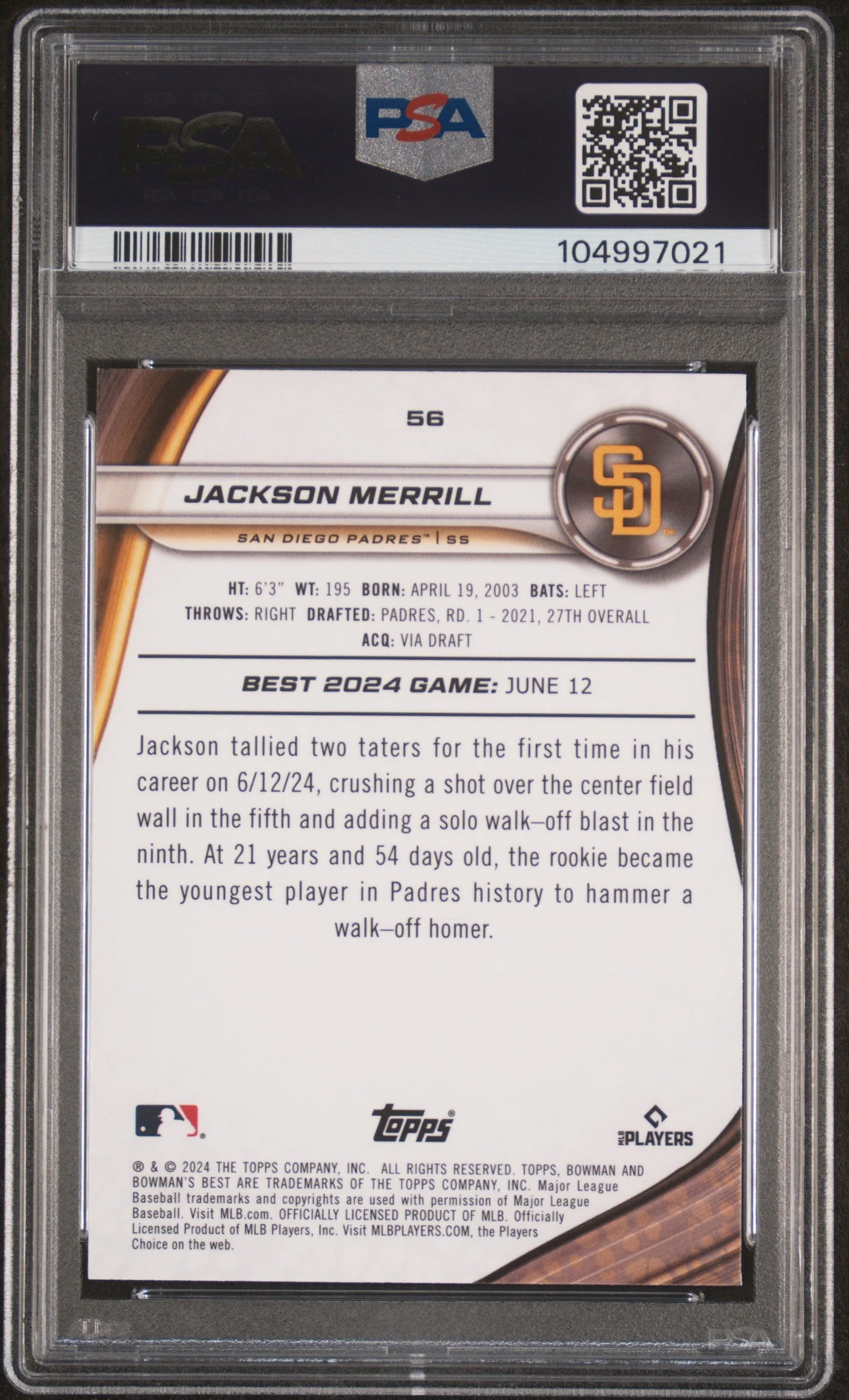 Graded 2024 Topps Bowmans Best Jackson Merrill #56 Rookie RC Baseball Card PSA 10 Gem Mint - Image 2