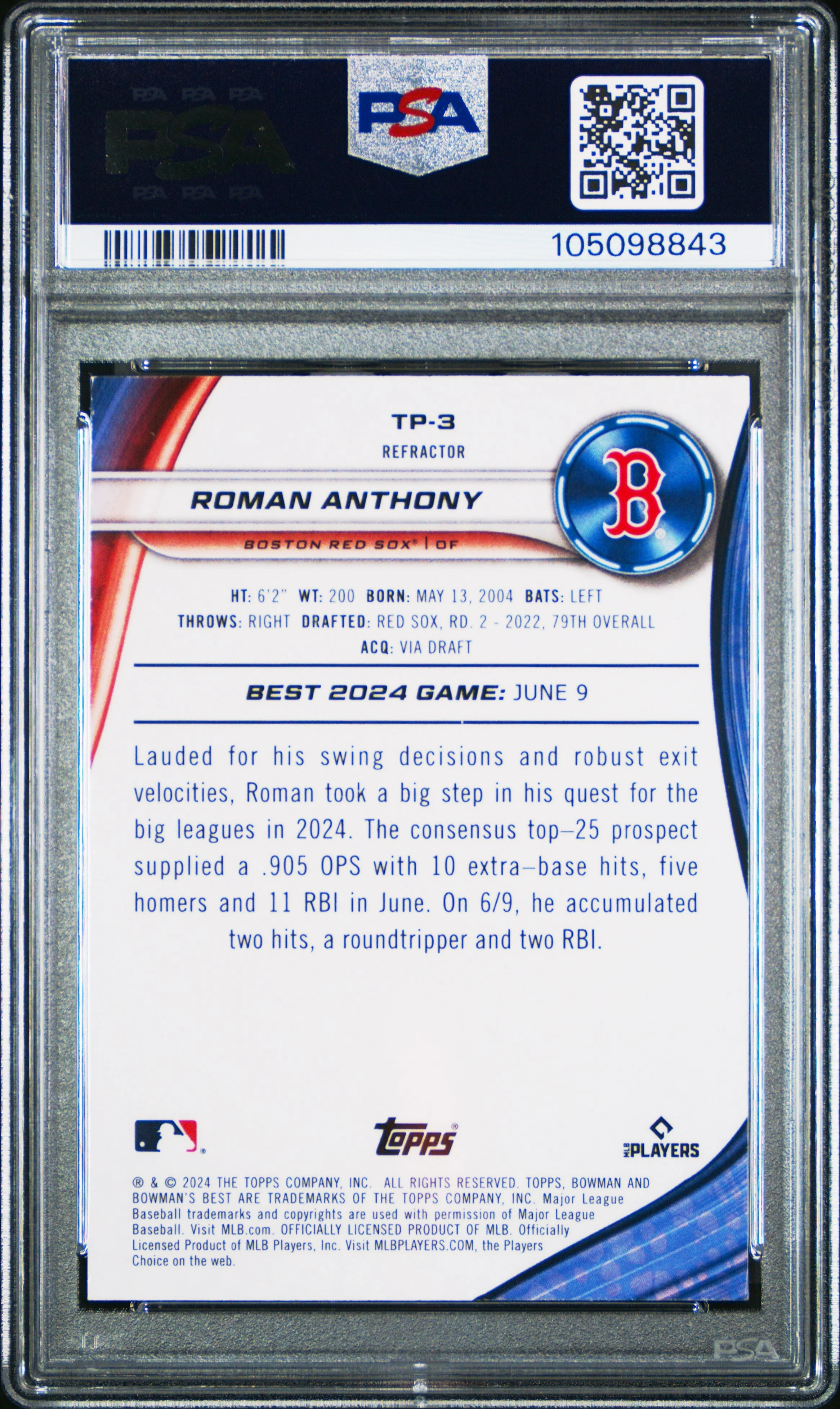 Graded 2024 Topps Bowmans Best Roman Anthony #TP3 Top Prospects Refractor Rookie RC Baseball Card PSA 10 Gem Mint - Image 2