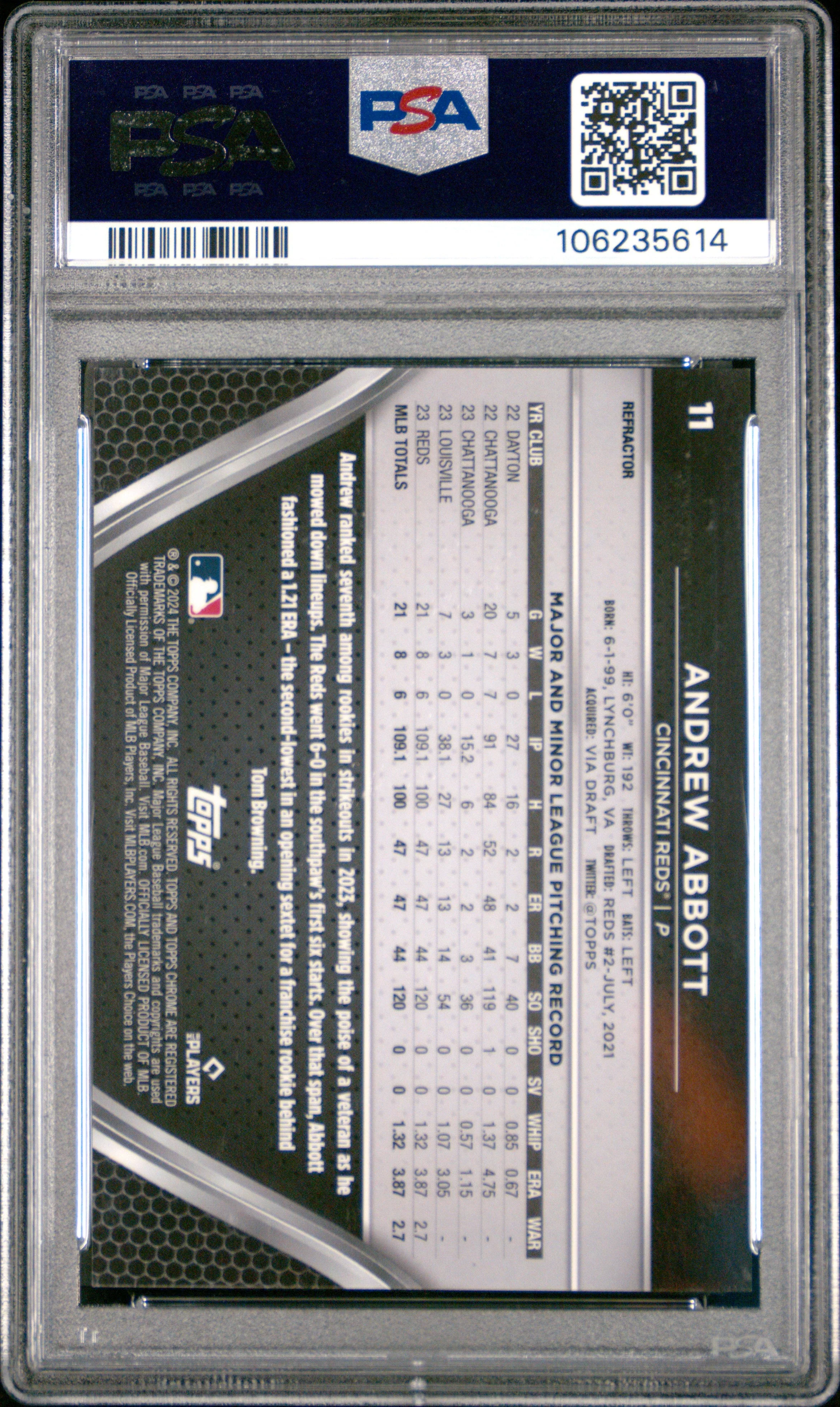 Graded 2024 Topps Chrome Black Andrew Abbott #11 Refractor /199 Rookie RC Baseball Card PSA 10 Gem Mint - Image 2