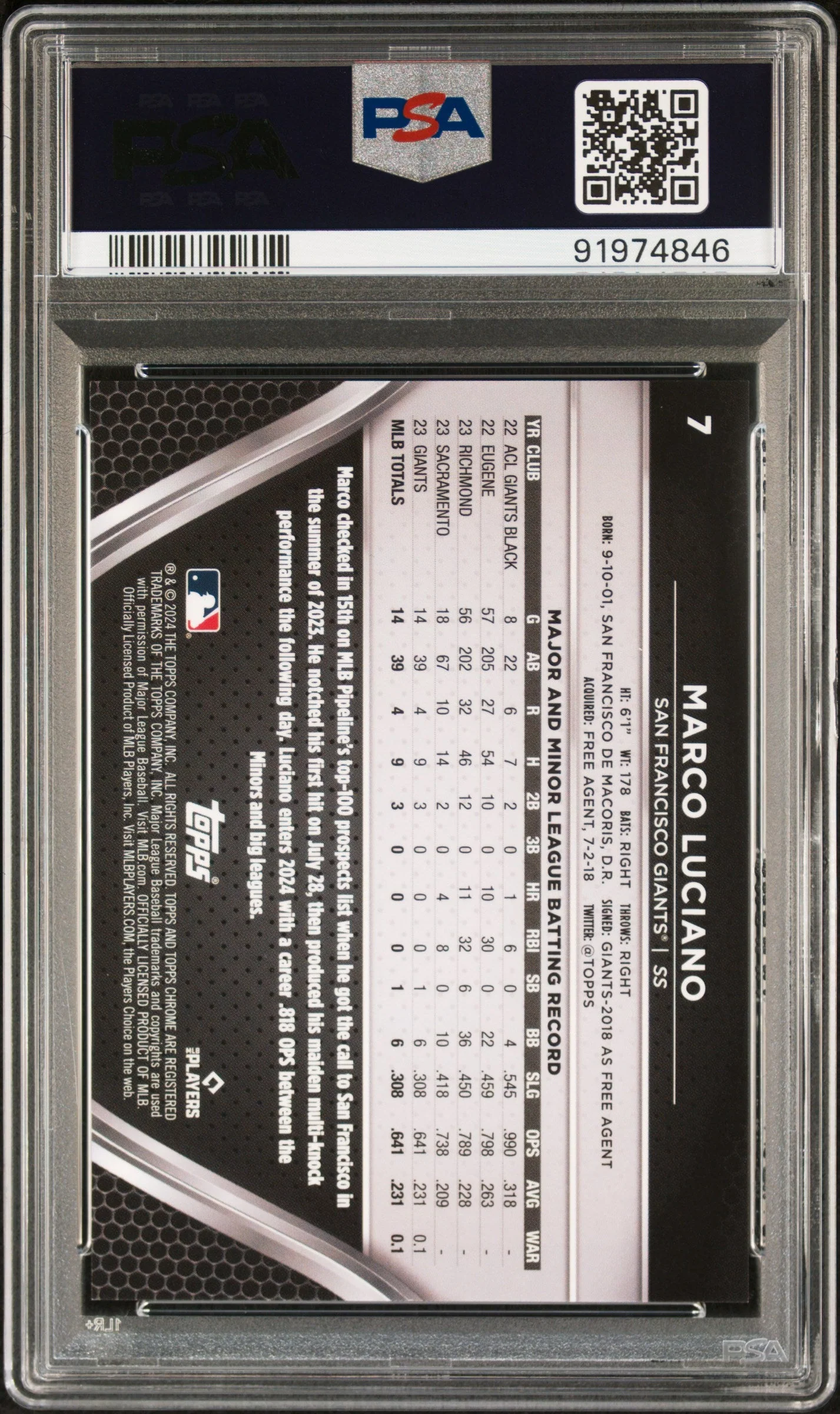 Graded 2024 Topps Chrome Black Marco Luciano #7 Gold Mini Diamond /50 Rookie RC Baseball Card PSA 10 Gem Mint - Image 2