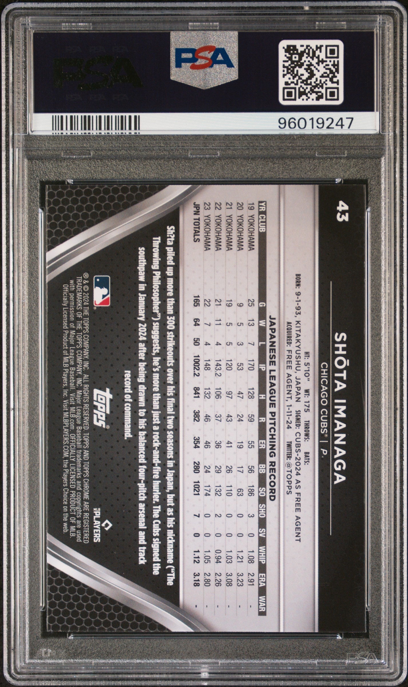 Graded 2024 Topps Chrome Black Shota Imanaga #43 Rookie RC Baseball Card PSA 10 Gem Mint - Image 2