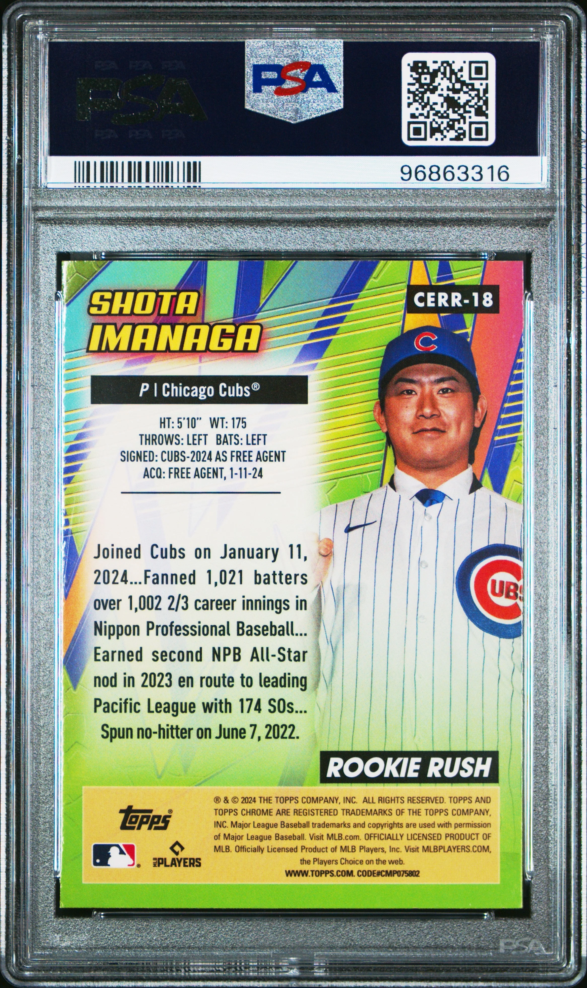 Graded 2024 Topps Chrome Shota Imanaga #18 All Etch Rookie Rush Rookie RC Baseball Card PSA 10 Gem Mint - Image 2