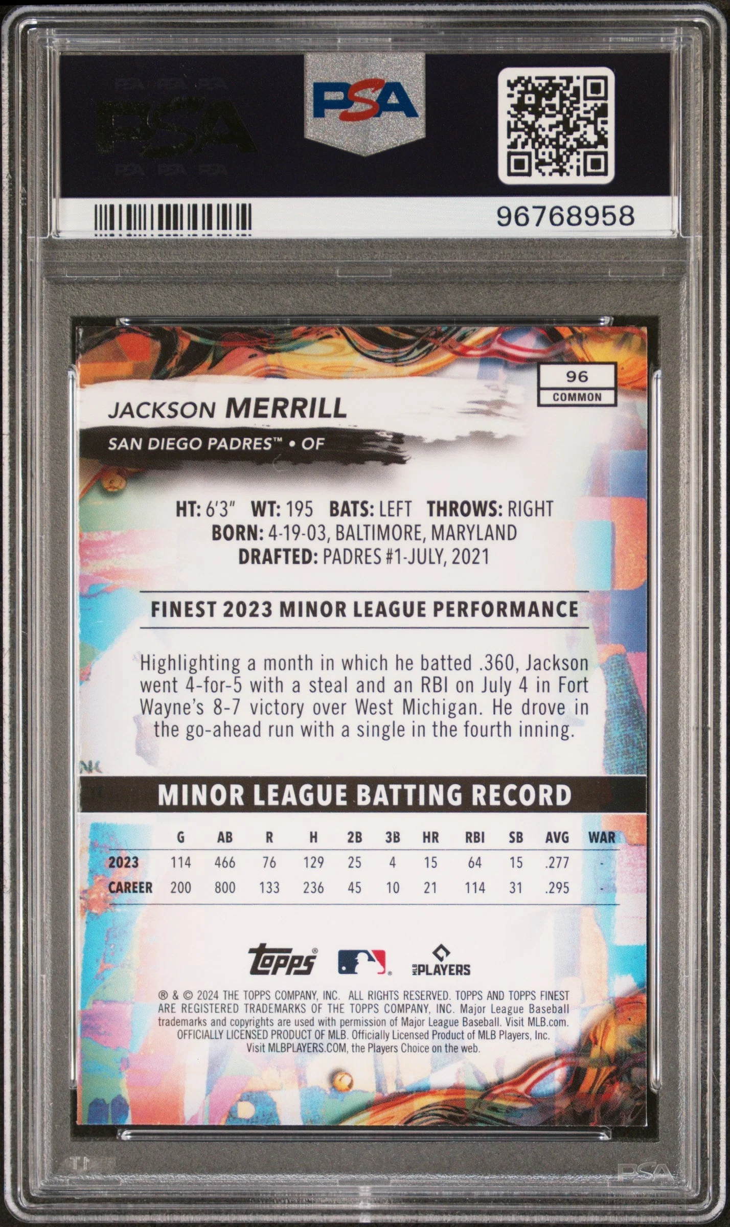 Graded 2024 Topps Finest Jackson Merrill #96 Rookie RC Baseball Card PSA 10 Gem Mint - Image 2