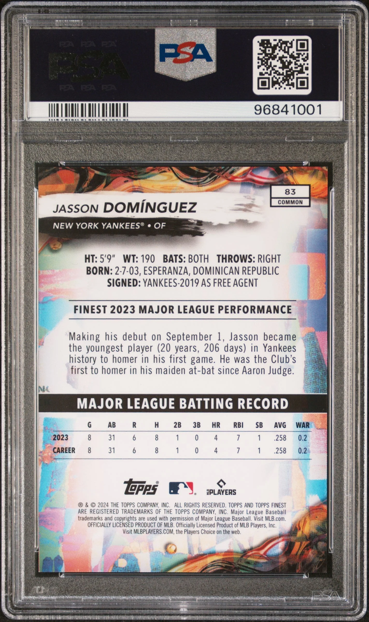 Graded 2024 Topps Finest Jasson Dominguez #83 Purple Refractor #/250 Rookie RC Baseball Card PSA 10 Gem Mint - Image 2