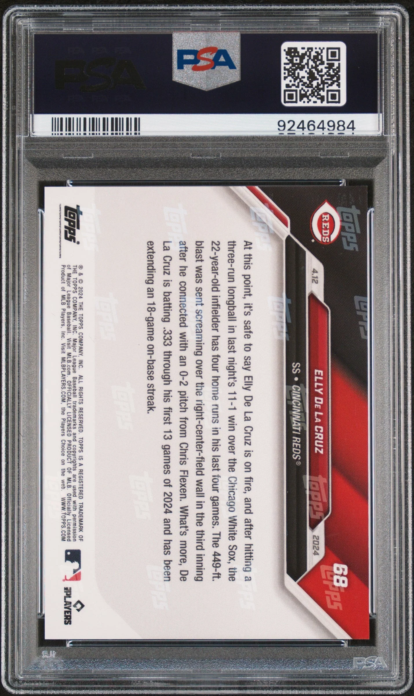 Graded 2024 Topps Now Elly De La Cruz #68 Rookie RC Baseball Card PSA 10 Gem Mint - Image 2