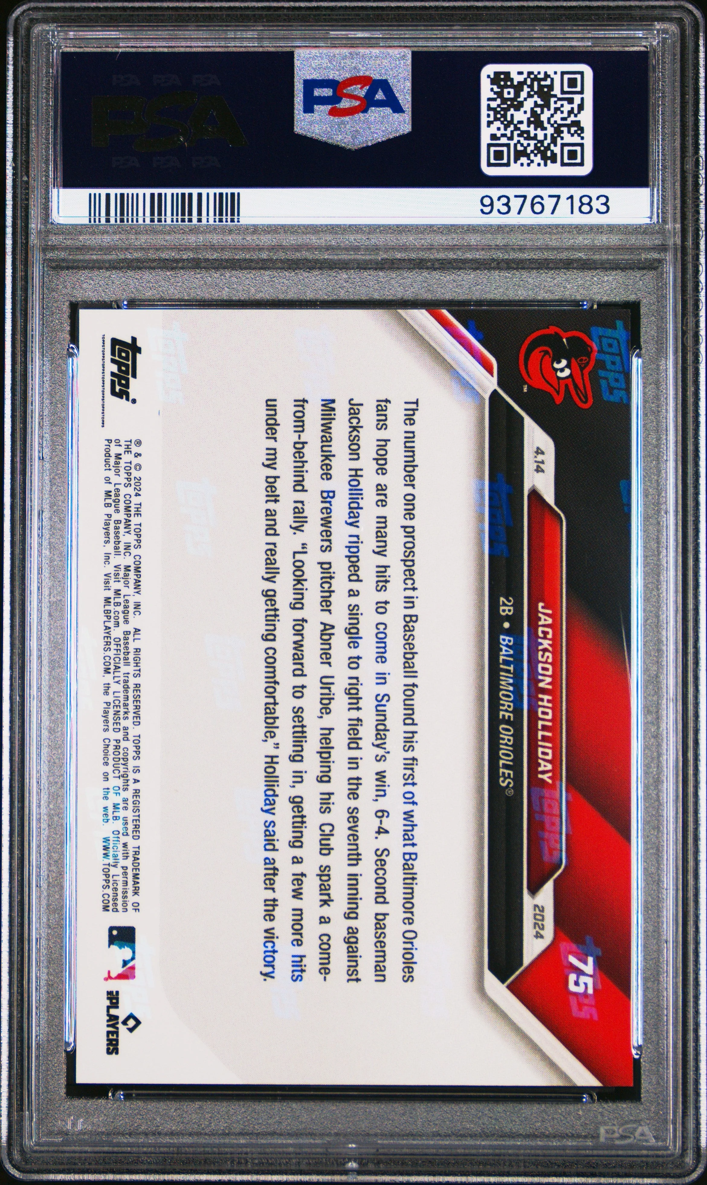 Graded 2024 Topps Now Jackson Holliday #75 1st Career Hit Rookie RC Baseball Card PSA 10 Gem Mint - Image 2