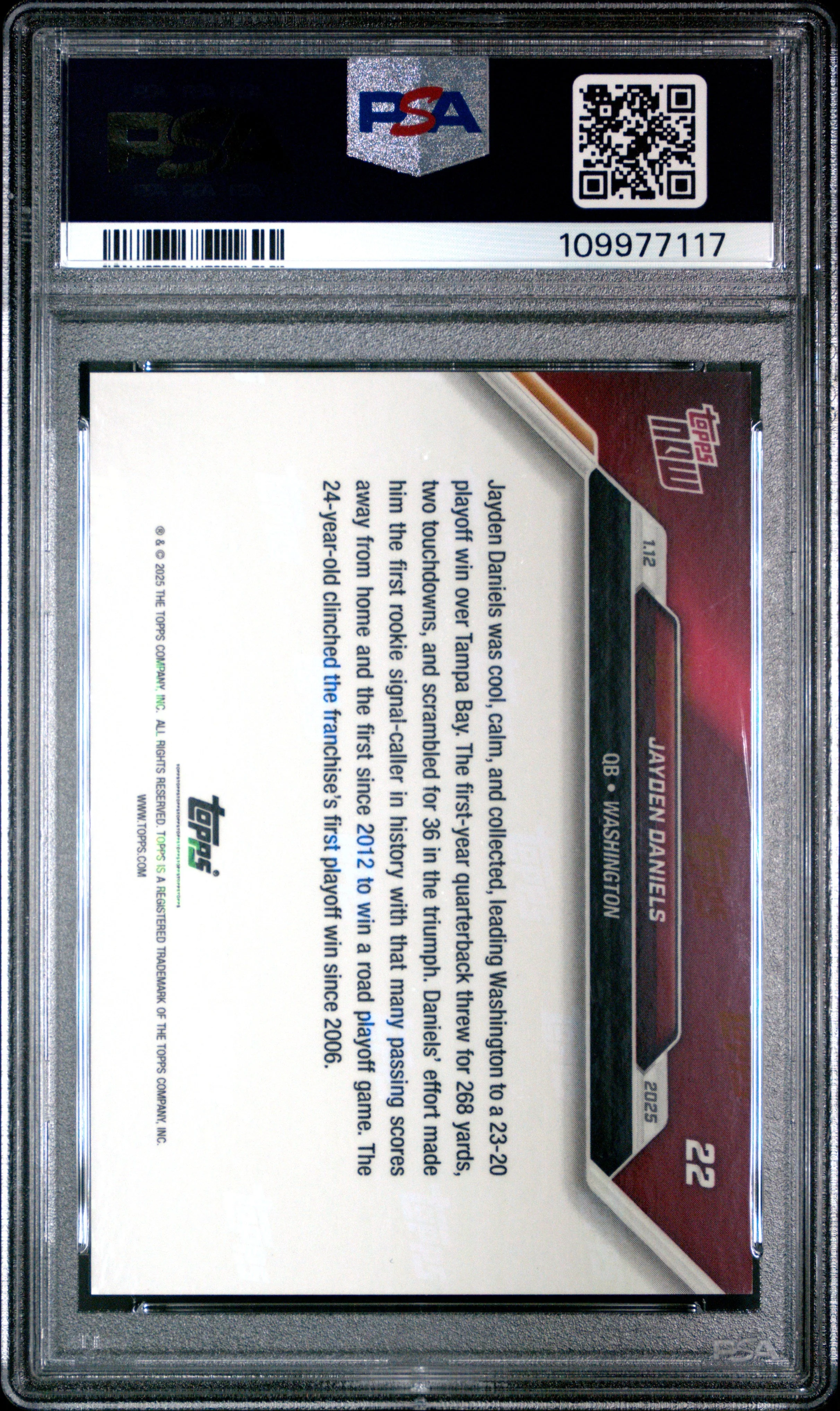 Graded 2024 Topps Now Jayden Daniels #22 Purple /25 Rookie RC Football Card PSA 9 Mint - Image 2