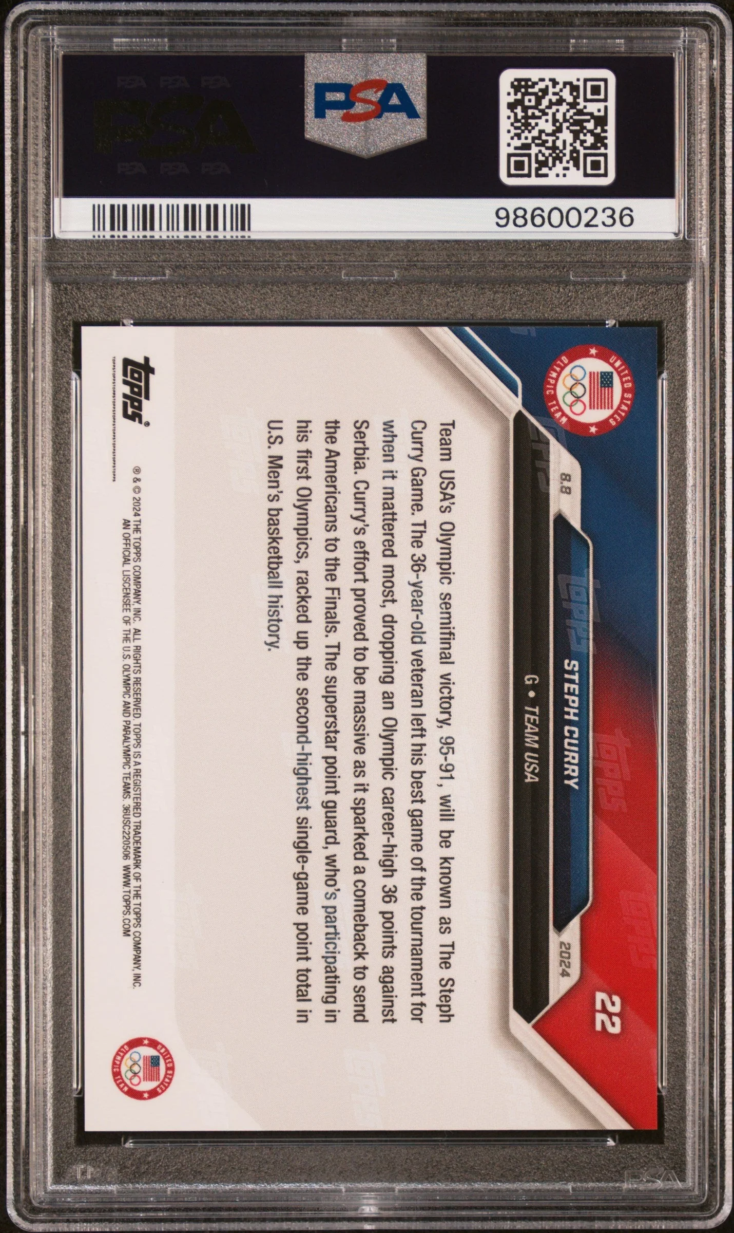 Graded 2024 Topps Now Olympics Steph Curry #22 Basketball Card PSA 10 Gem Mint - Image 2