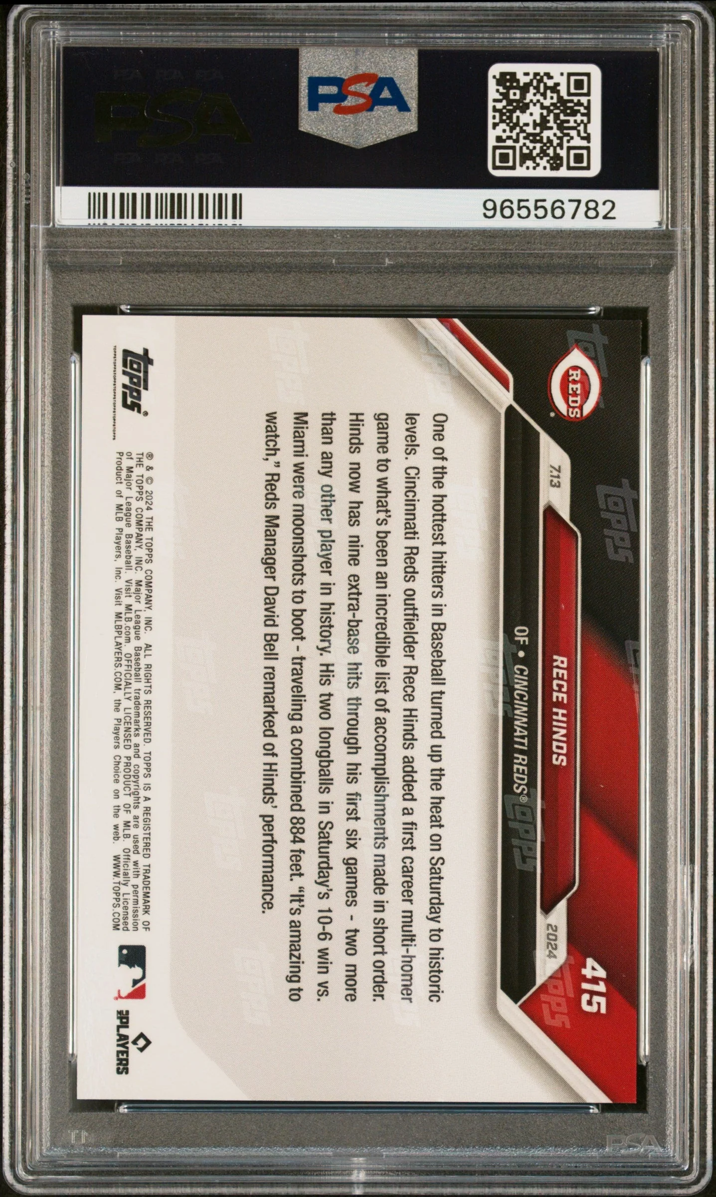 Graded 2024 Topps Now Rece Hinds #415 Rookie RC Baseball Card PSA 10 Gem Mint - Image 2
