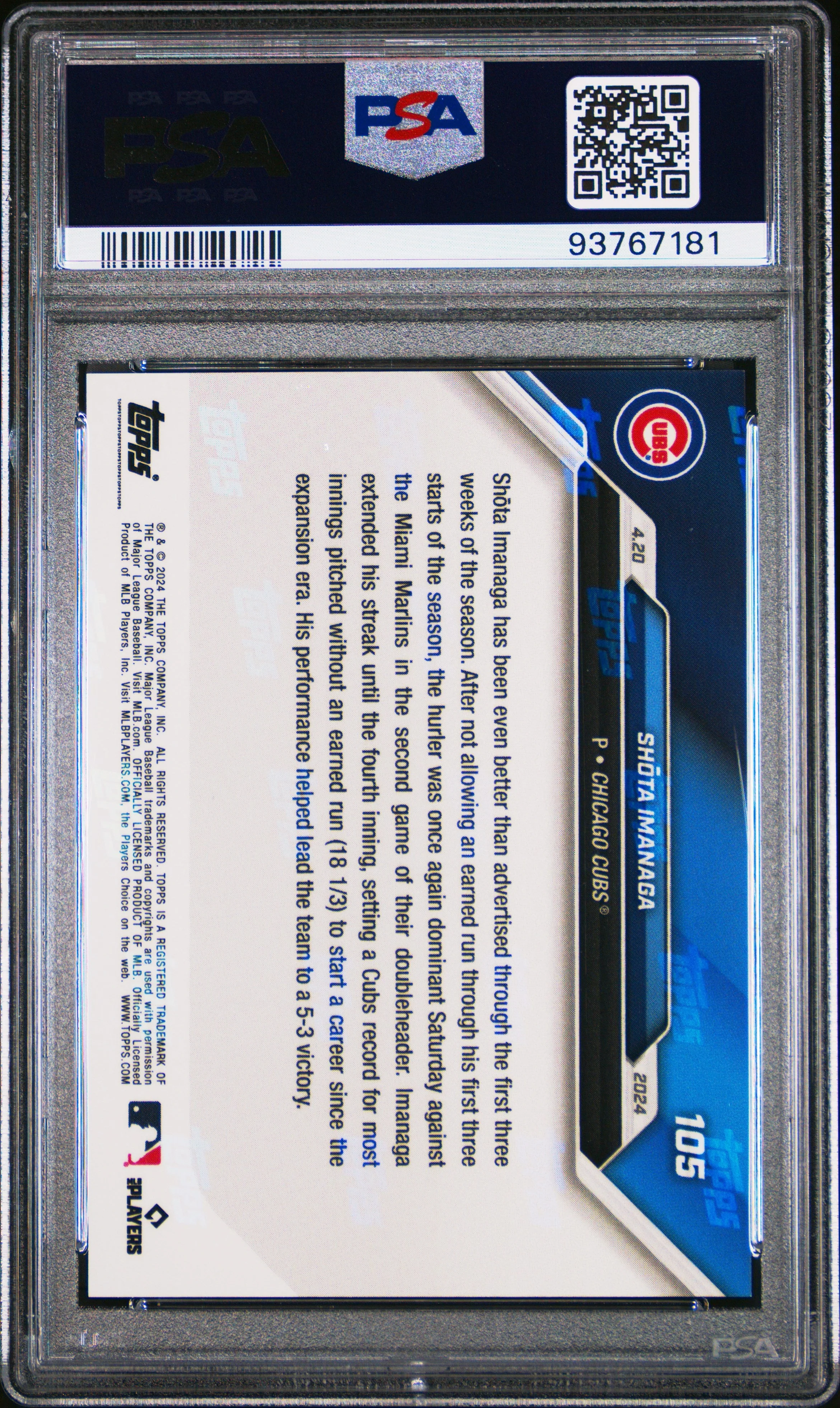 Graded 2024 Topps Now Shota Imanaga #105 Rookie RC Baseball Card PSA 9 Mint - Image 2