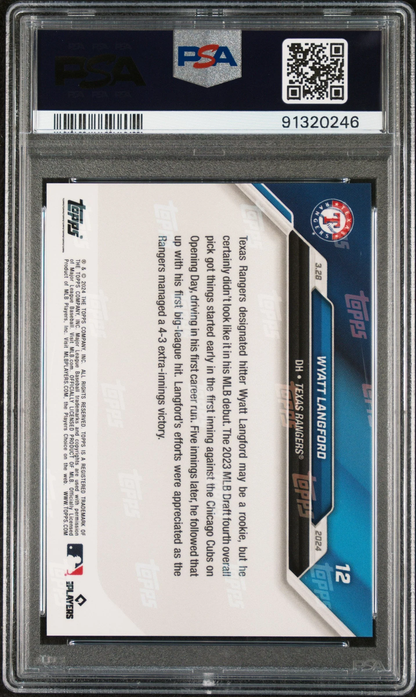 Graded 2024 Topps Now Wyatt Langford #12 Rookie RC Baseball Card PSA 10 Gem Mint - Image 2
