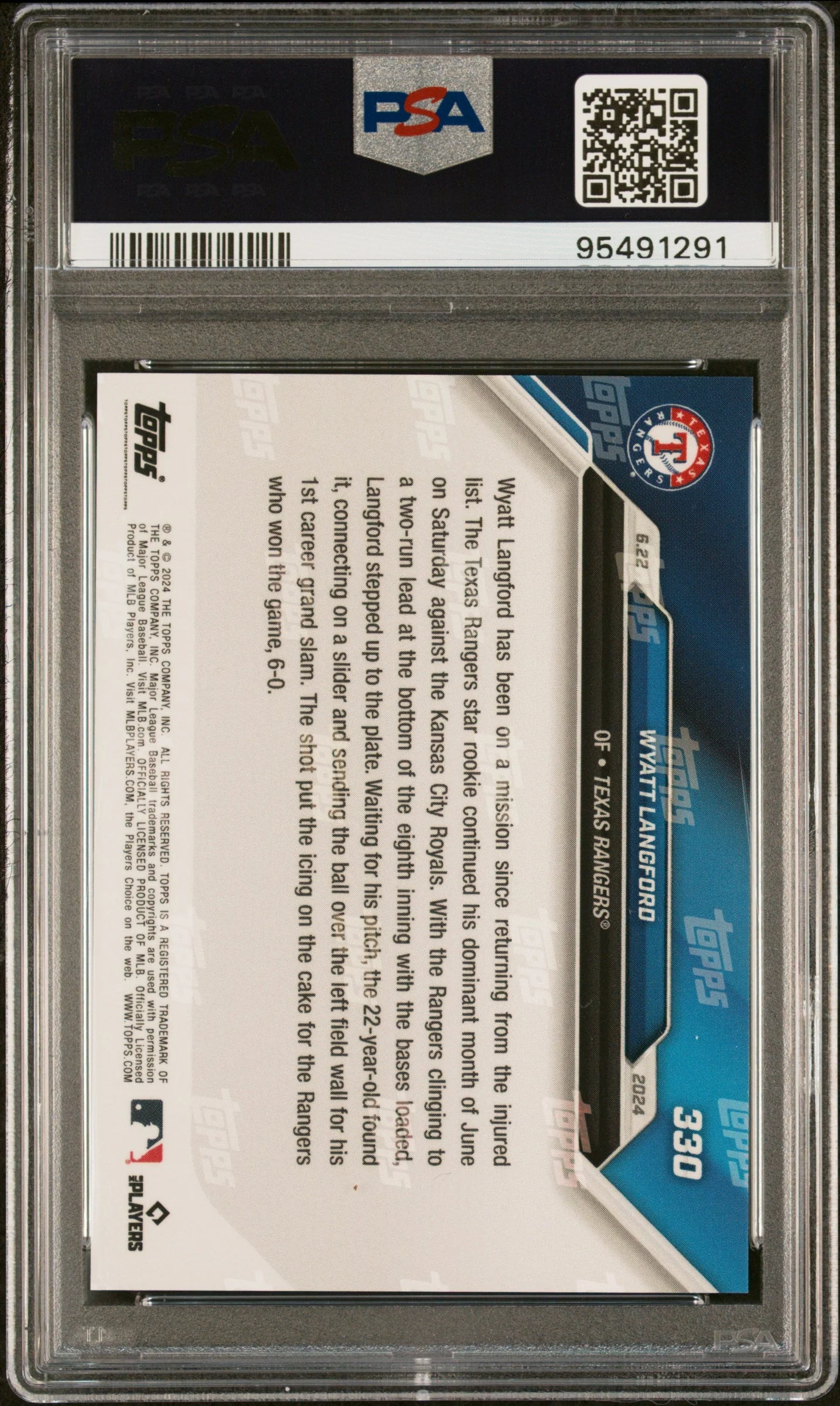Graded 2024 Topps Now Wyatt Langford #330 Rookie RC Baseball Card PSA 10 Gem Mint - Image 2