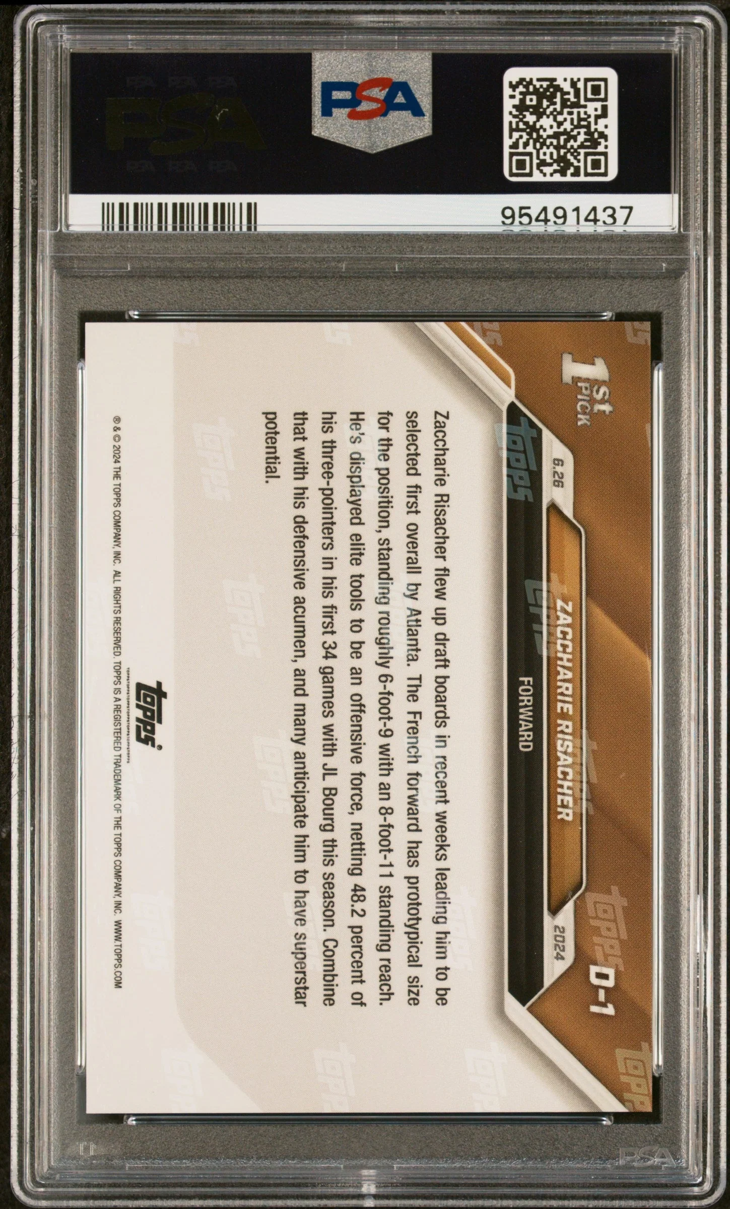 Graded 2024 Topps Now Zaccharie Risacher #D1 Draft Rookie RC Basketball Card PSA 10 Gem Mint - Image 2