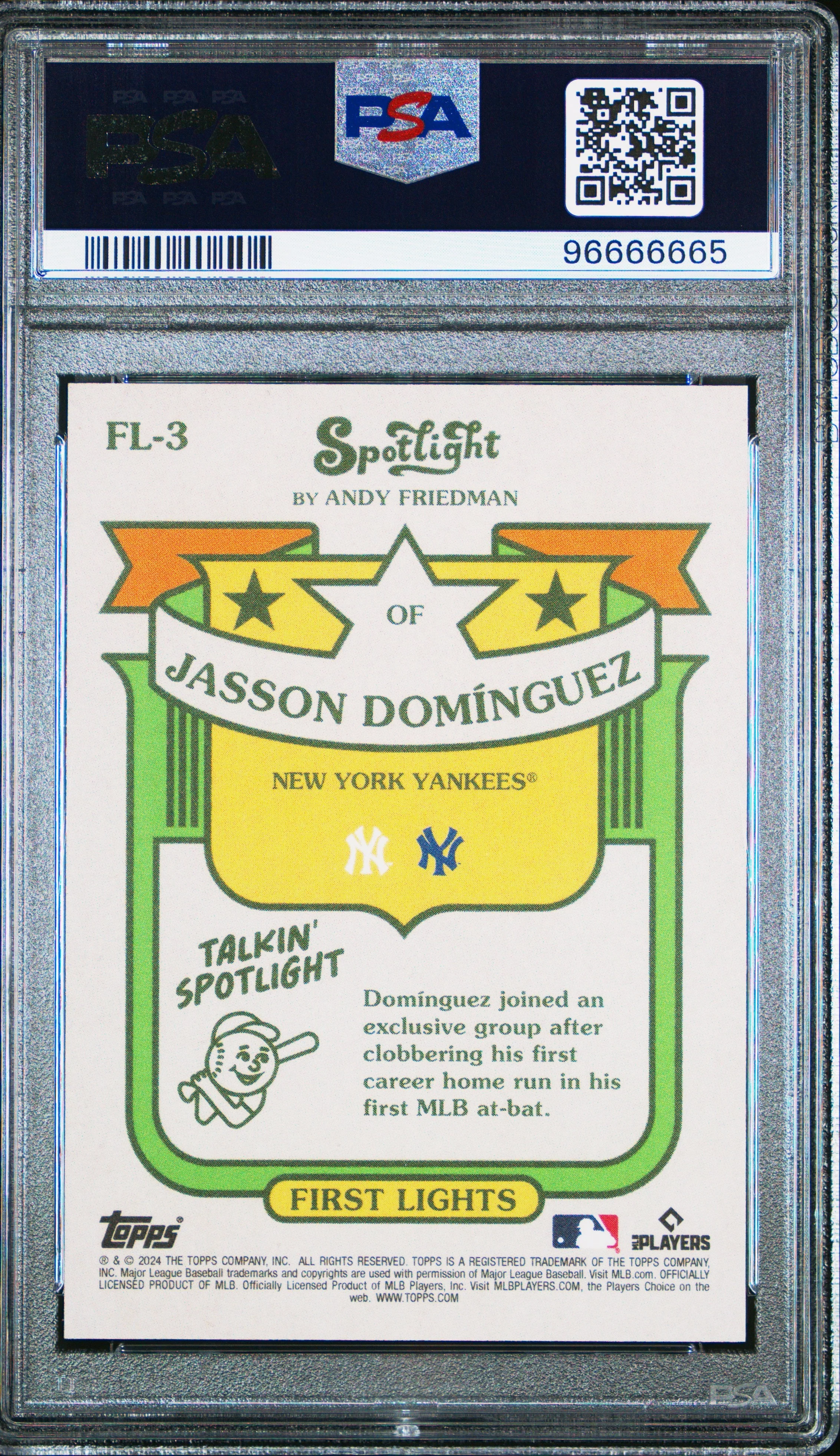 Graded 2024 Topps Spotlight Jasson Dominguez #FL3 First Lights Rookie RC Baseball Card PSA 10 Gem Mint - Image 2