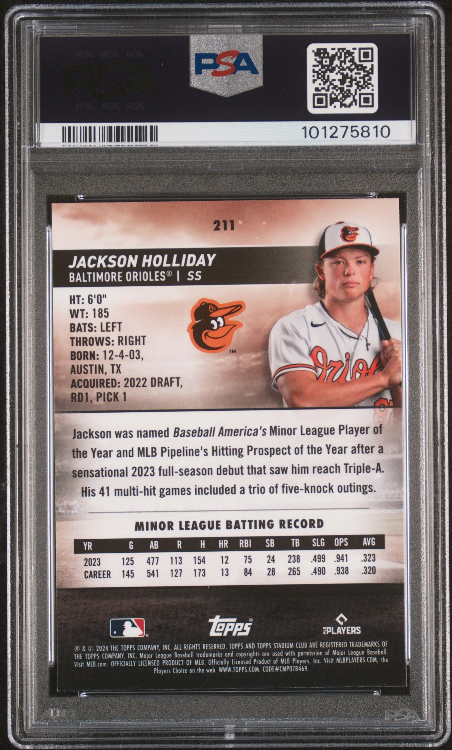 Graded 2024 Topps Stadium Club Jackson Holliday #211 Chrome Rookie RC Baseball Card PSA 10 Gem Mint - Image 2