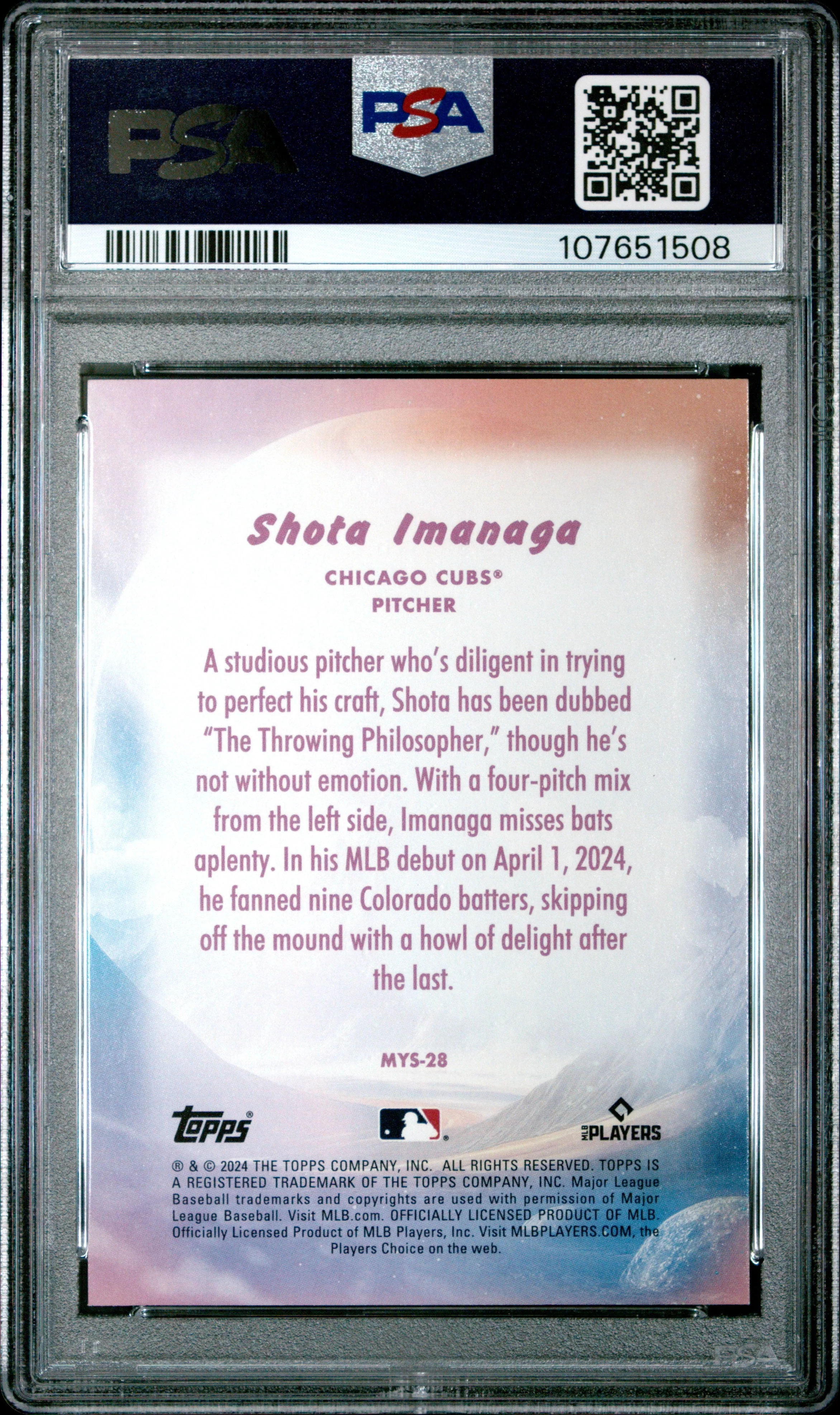 Graded 2024 Topps Update Shota Imanaga #MYS28 Mystical Rookie RC Baseball Card PSA 10 Gem Mint - Image 2