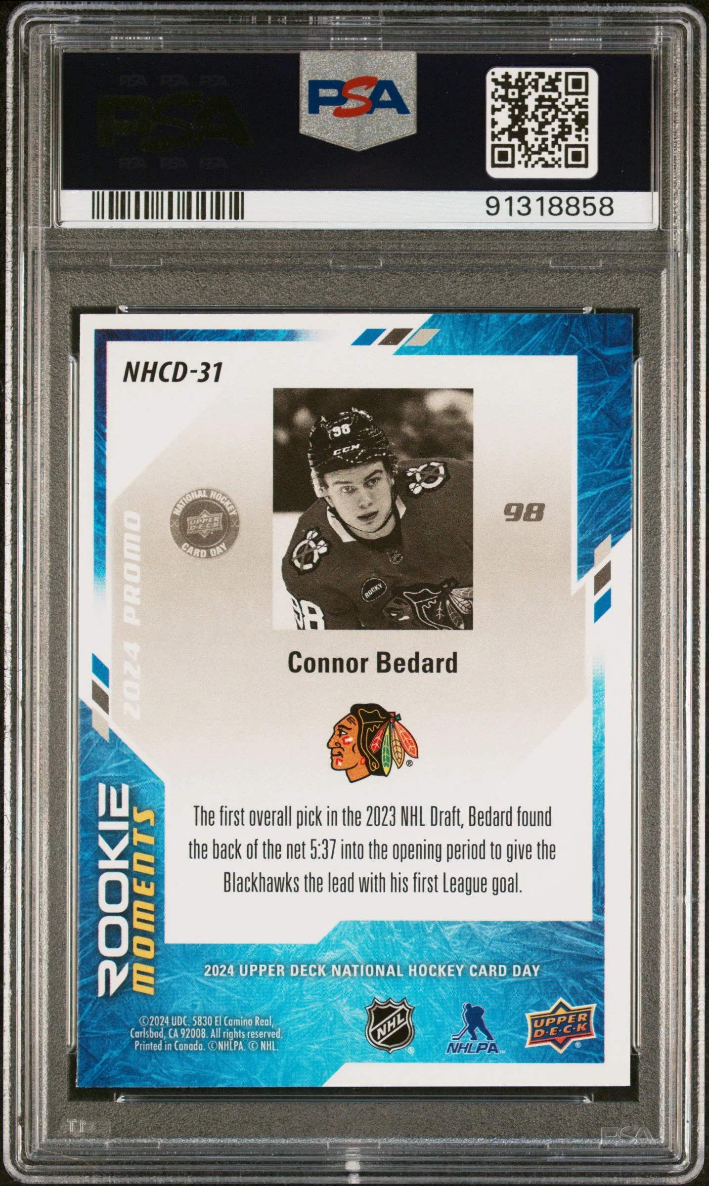 Graded 2024 Upper Deck National Hockey Card Day Connor Bedard #NHCD31 Rookie RC Hockey Card PSA 10 Gem Mint - Image 2