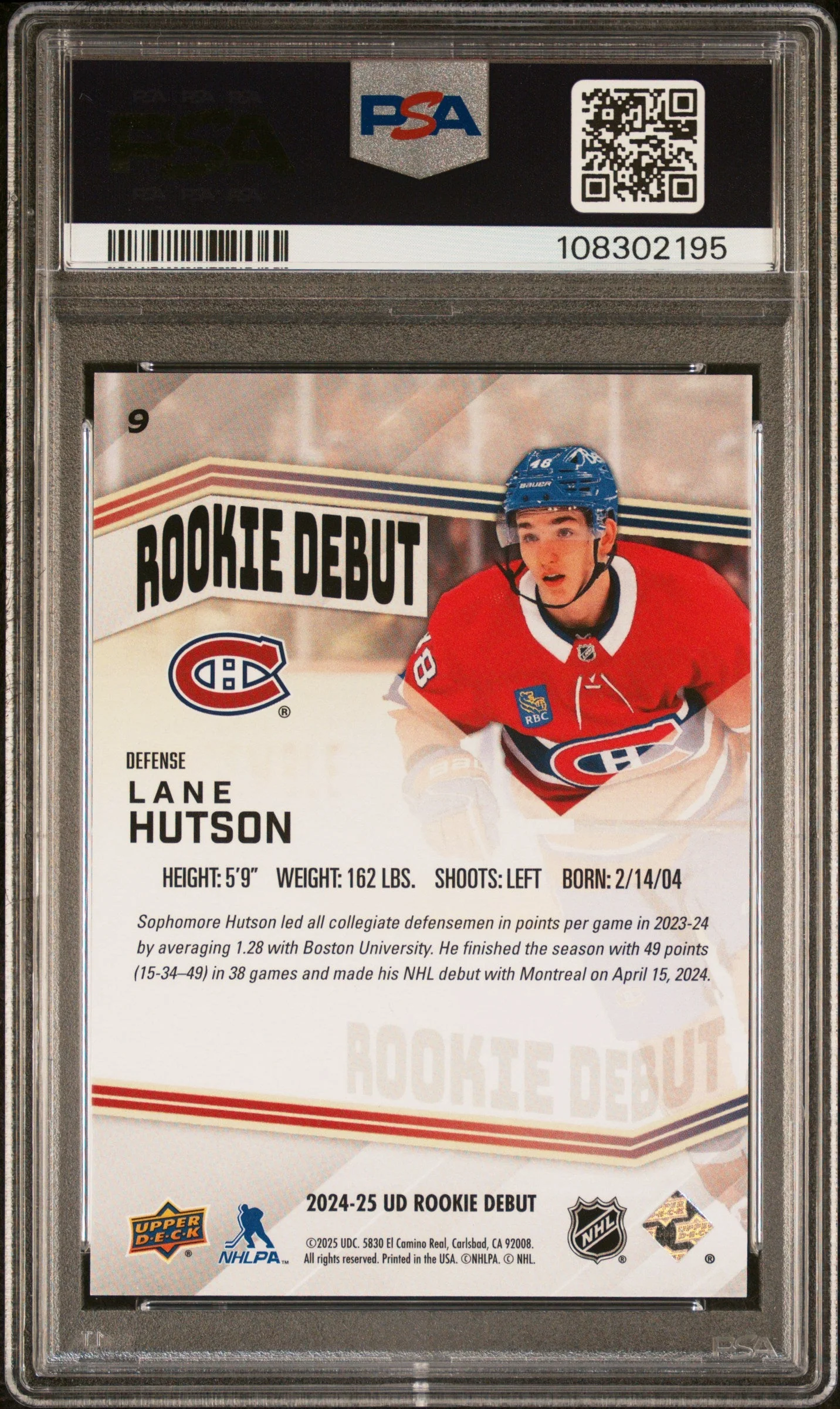 Graded 2024 Upper Deck Rookie Debut Lane Hutson #9 Rookie RC Hockey Card PSA 10 Gem Mint - Image 2
