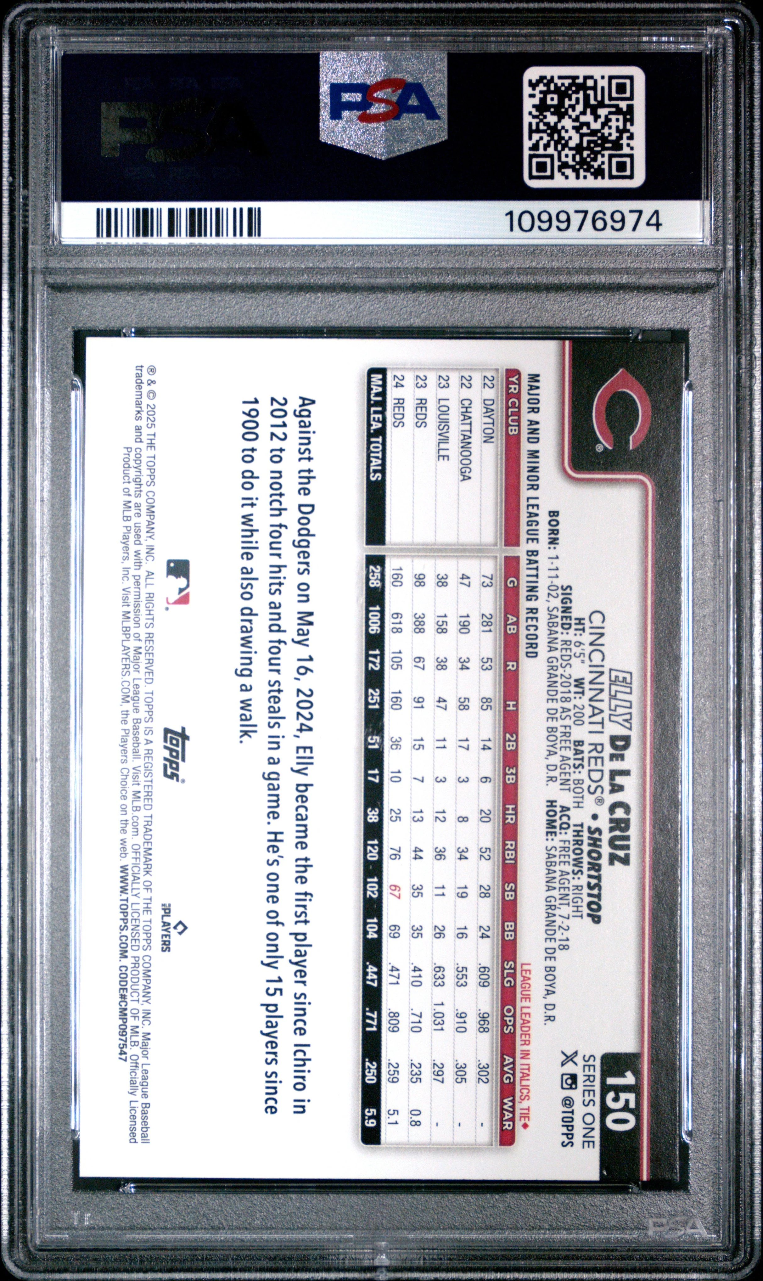 Graded 2025 Topps Elly De La Cruz #150 Rookie RC Baseball Card PSA 9 Mint - Image 2