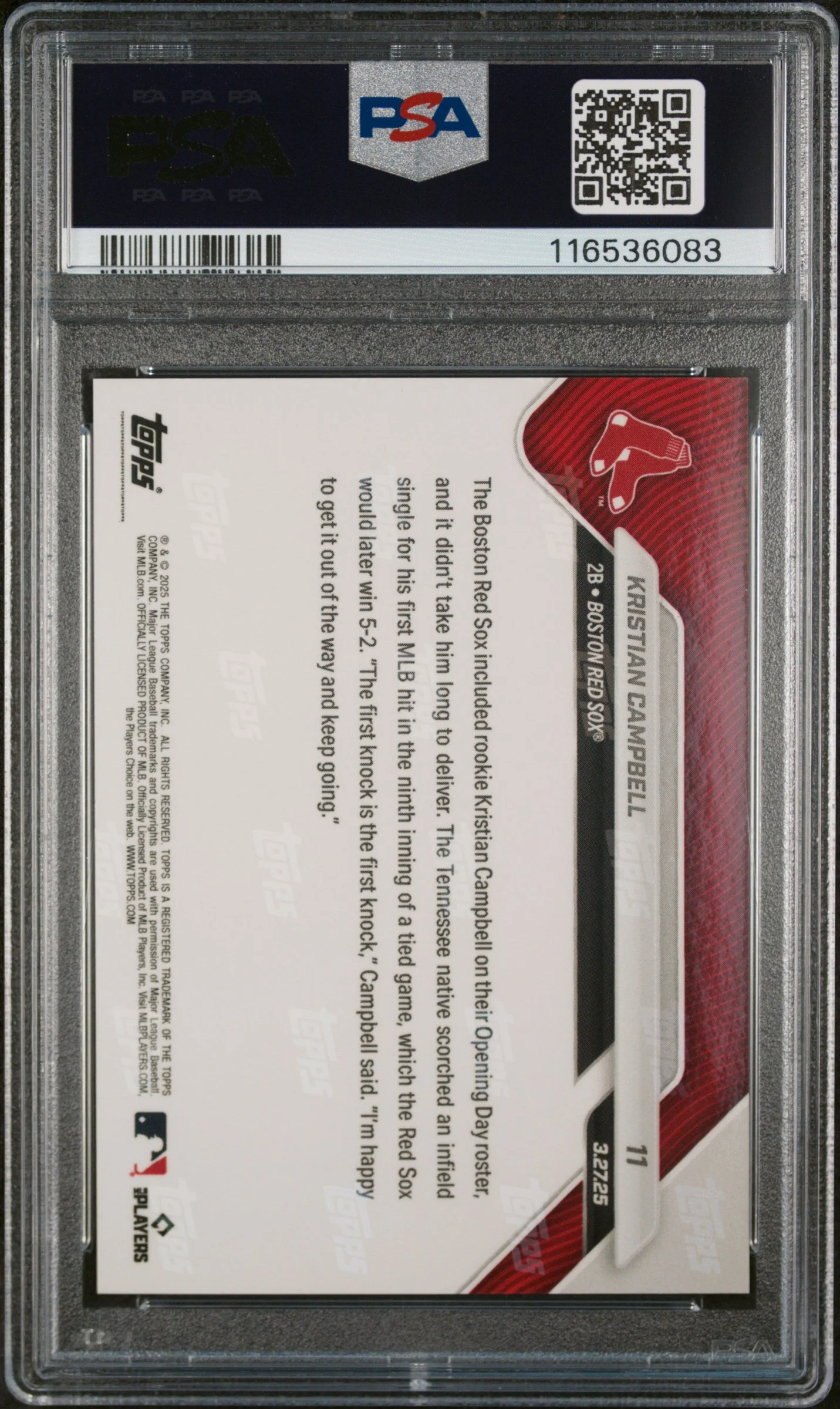 Graded 2025 Topps Now Kristian Campbell #11 Rookie RC Baseball Card PSA 9 Mint - Image 2