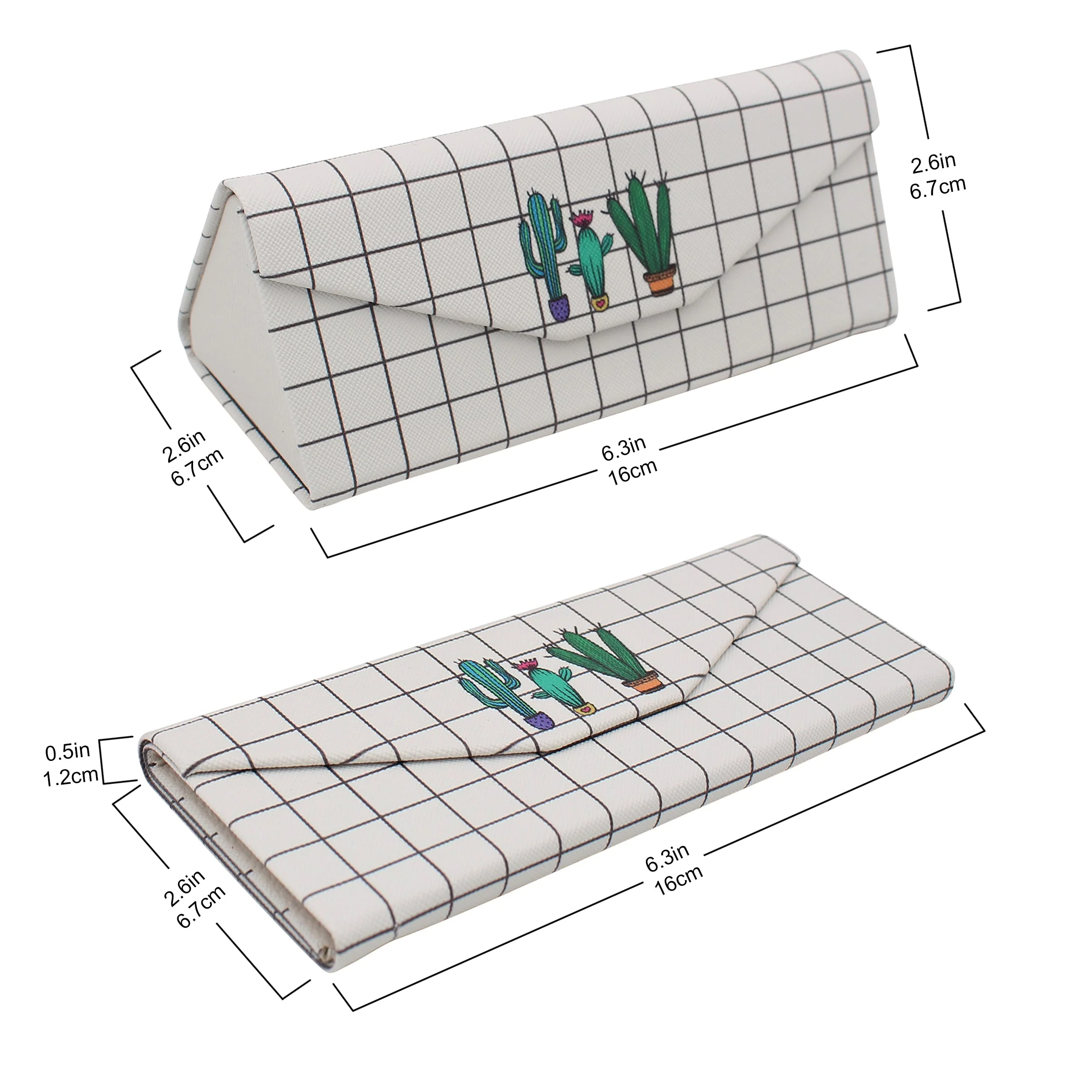 Grid Cactus Print Glasses Case - Vegan Leather Magic Folding Hardcase - Image 2