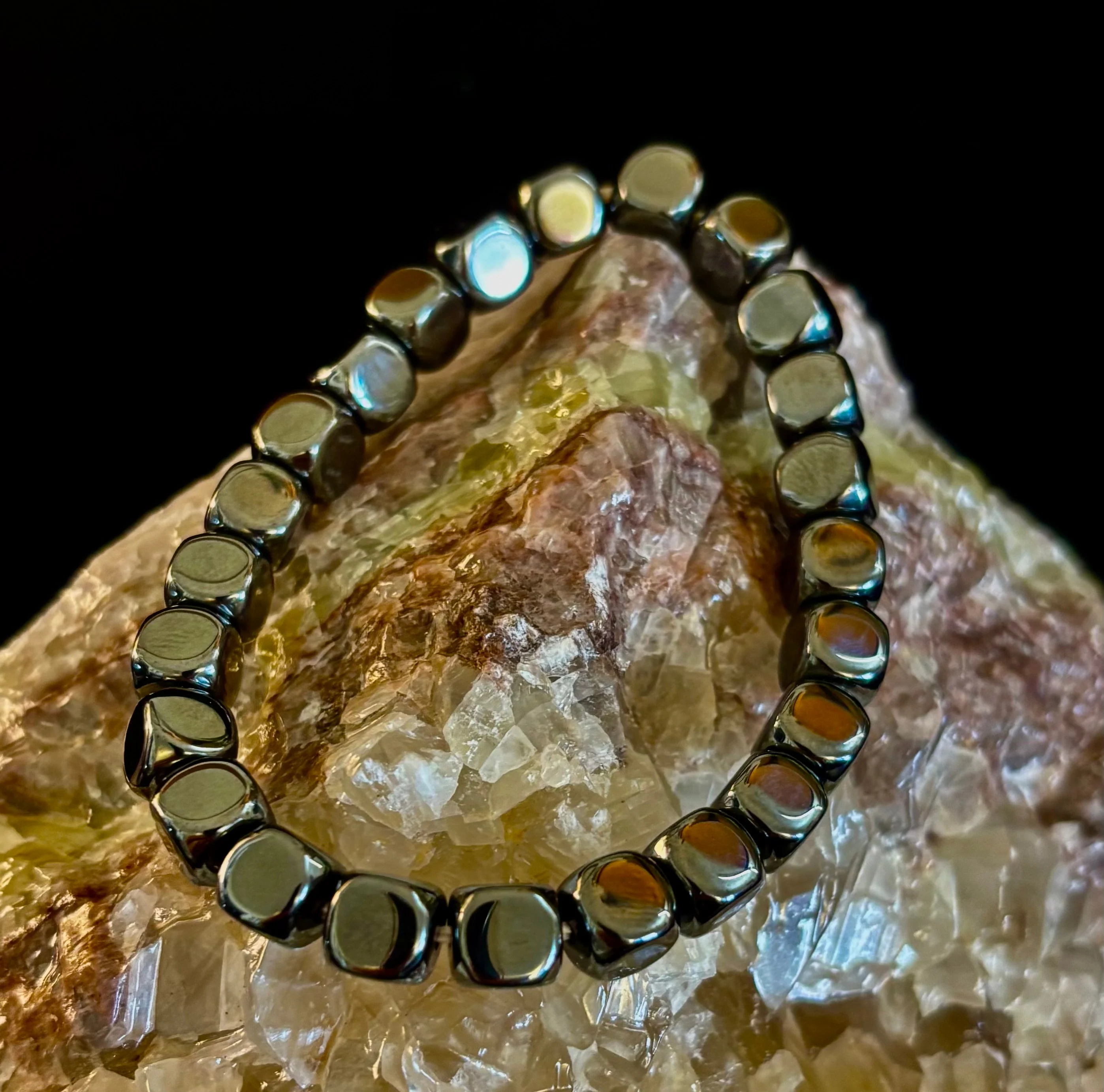 Hematite Cube Beaded Bracelet | Grounding Energy & Balance | Unisex 7.8mm Stretch Fit - Image 11